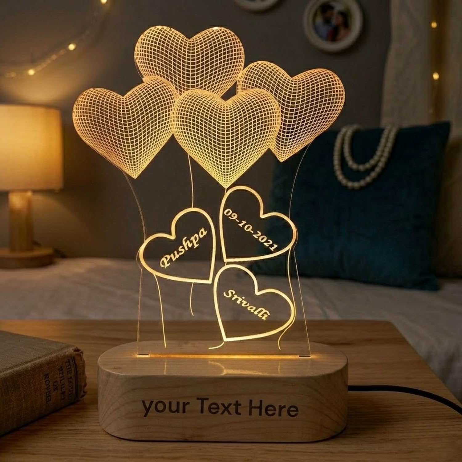 Shayona Gift Shop-Personalized 3D Heart Balloons Acrylic LED Lamp – Custom Names, Date & Anniversary Message Glowing Night Light Keepsake