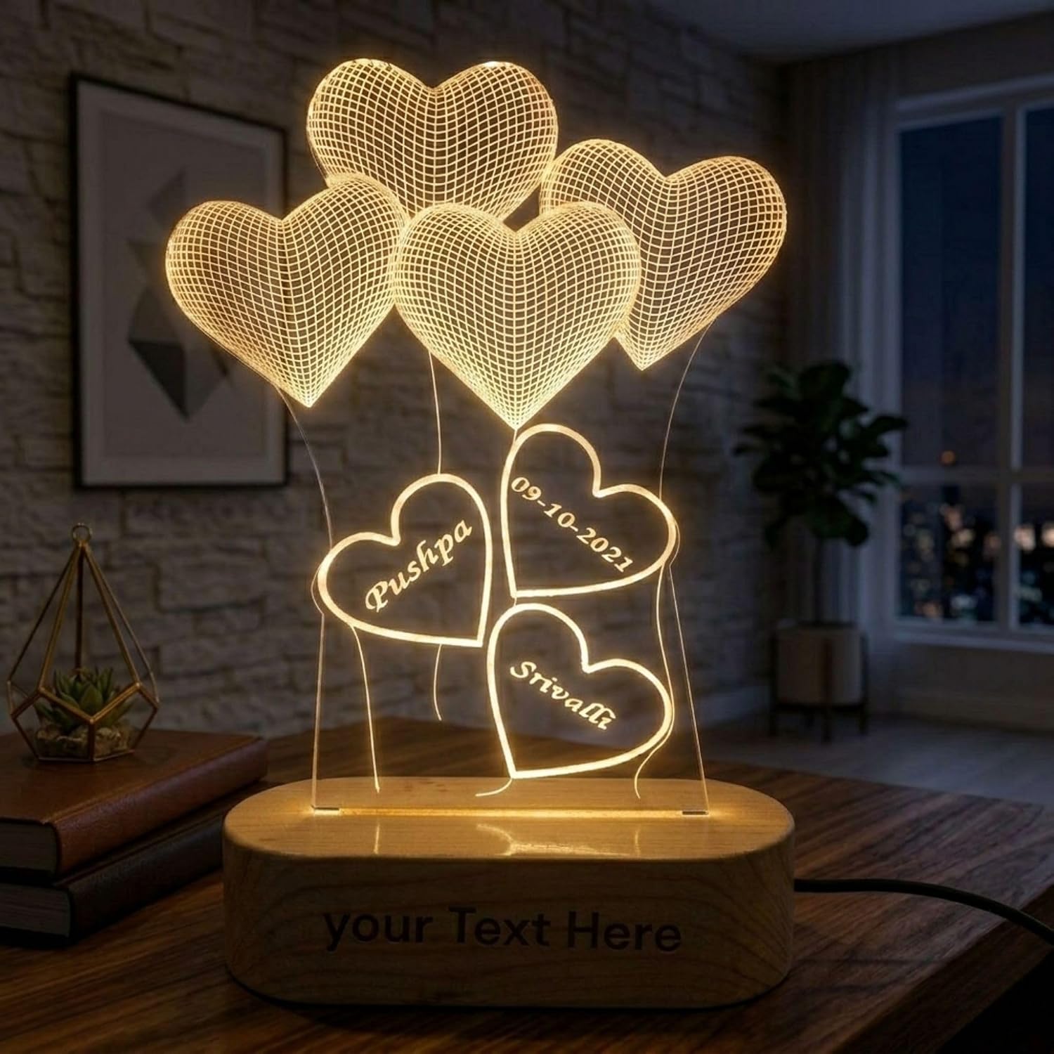 Shayona Gift Shop-Personalized 3D Heart Balloons Acrylic LED Lamp – Custom Names, Date & Anniversary Message Glowing Night Light Keepsake