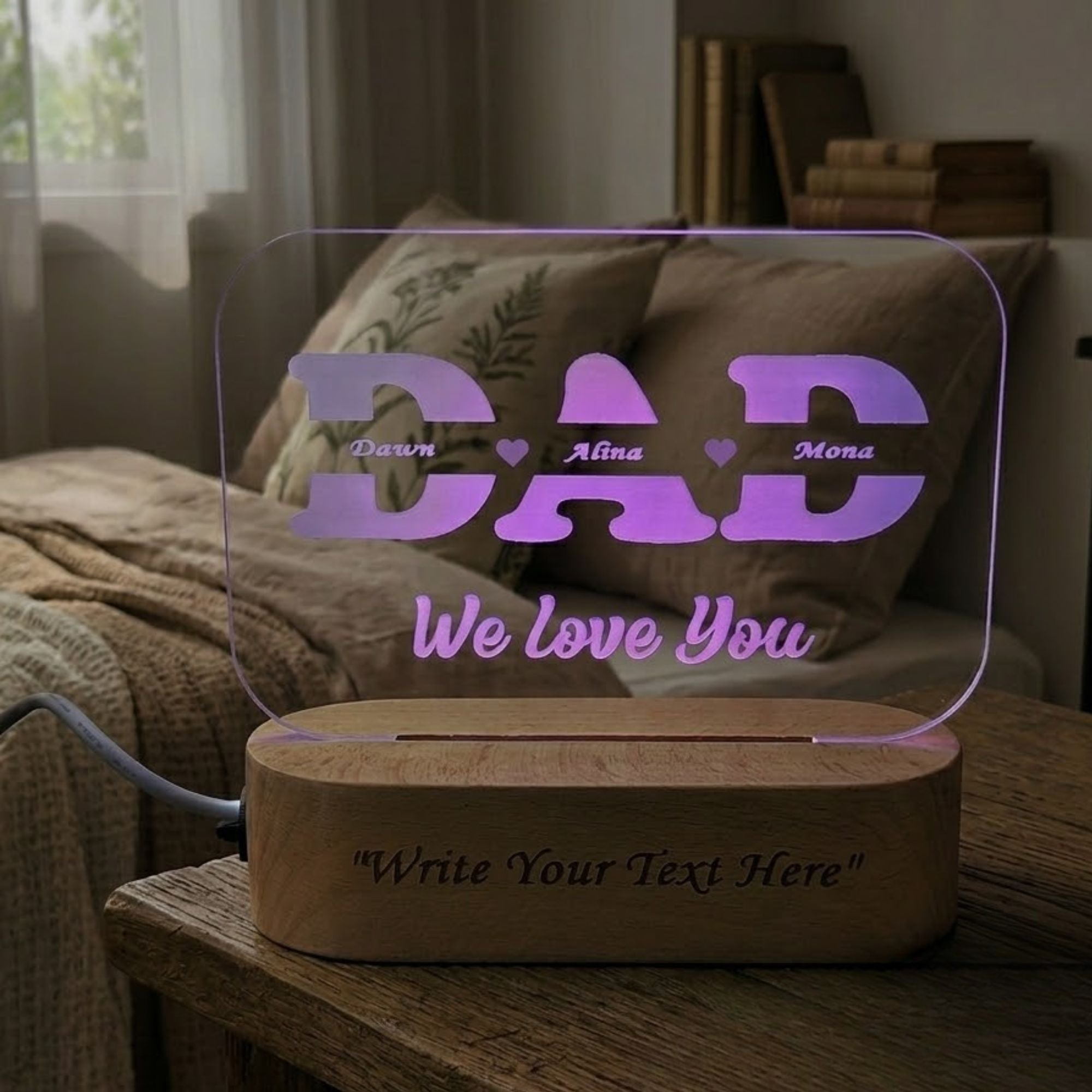 Shayona Gift Shop-Personalized Dad Name Acrylic LED Night Light with Wooden Base – Custom Kids Names Engraved DAD Plaque Light for Father's Day, Birthday & Desk Decor