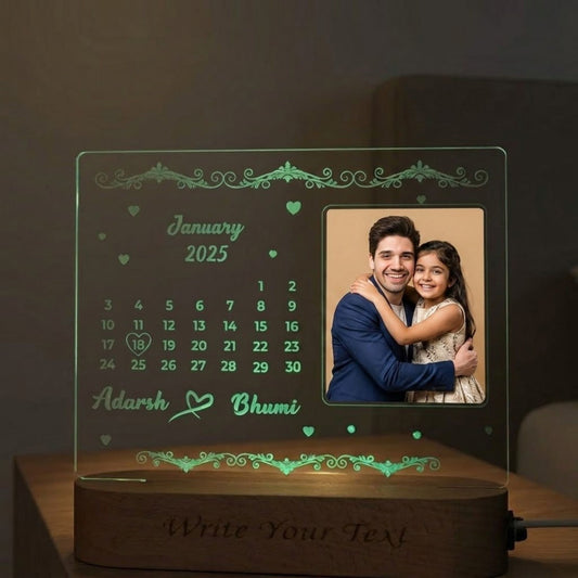 Shayona Gift Shop-Personalized Calendar Date Highlight Photo Acrylic LED Lamp | Custom Save the Date Photo Frame Night Light with Wooden Base | Romantic Gift for Anniversary, Birthday & Valentine's Day