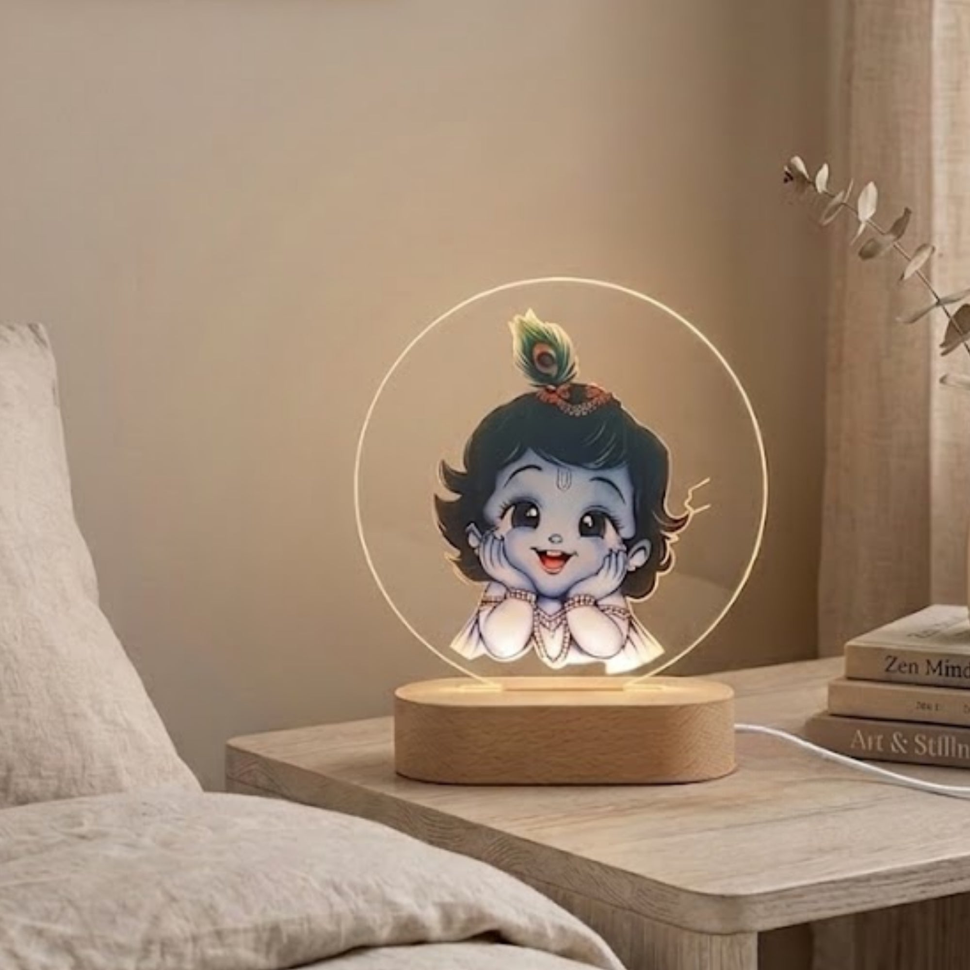Shayona Gift Shop-Bal Krishna LED Table Lamp | Kanha Ji Night Light with Wooden Base | Krishna Decorative Lamp for Bedroom, Pooja Room & Home Decor