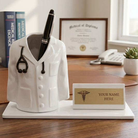 Shayona Gift Shop- Personalized Doctor Desk Name Plate with Pen Holder white color| Customizable Medical Office Desk Organizer | Gift for Doctors & Medical Students