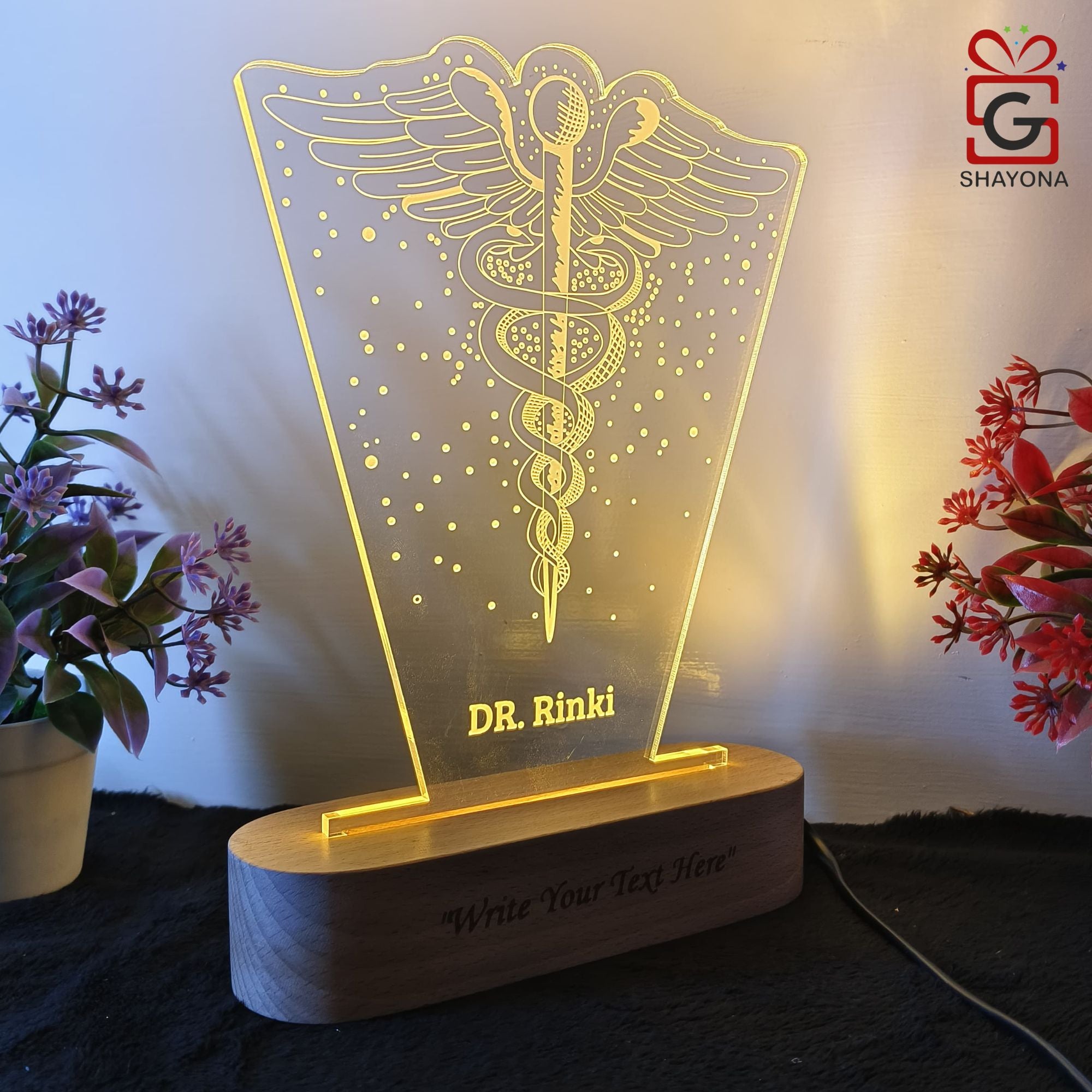 Shayona Gift Shop-Personalized  Medical Symbol Acrylic LED Name Plate Lamp | Custom Doctor Name Engraved Desk Light with Wooden Base | Professional Gift for Doctors, Surgeons & Medical Graduates