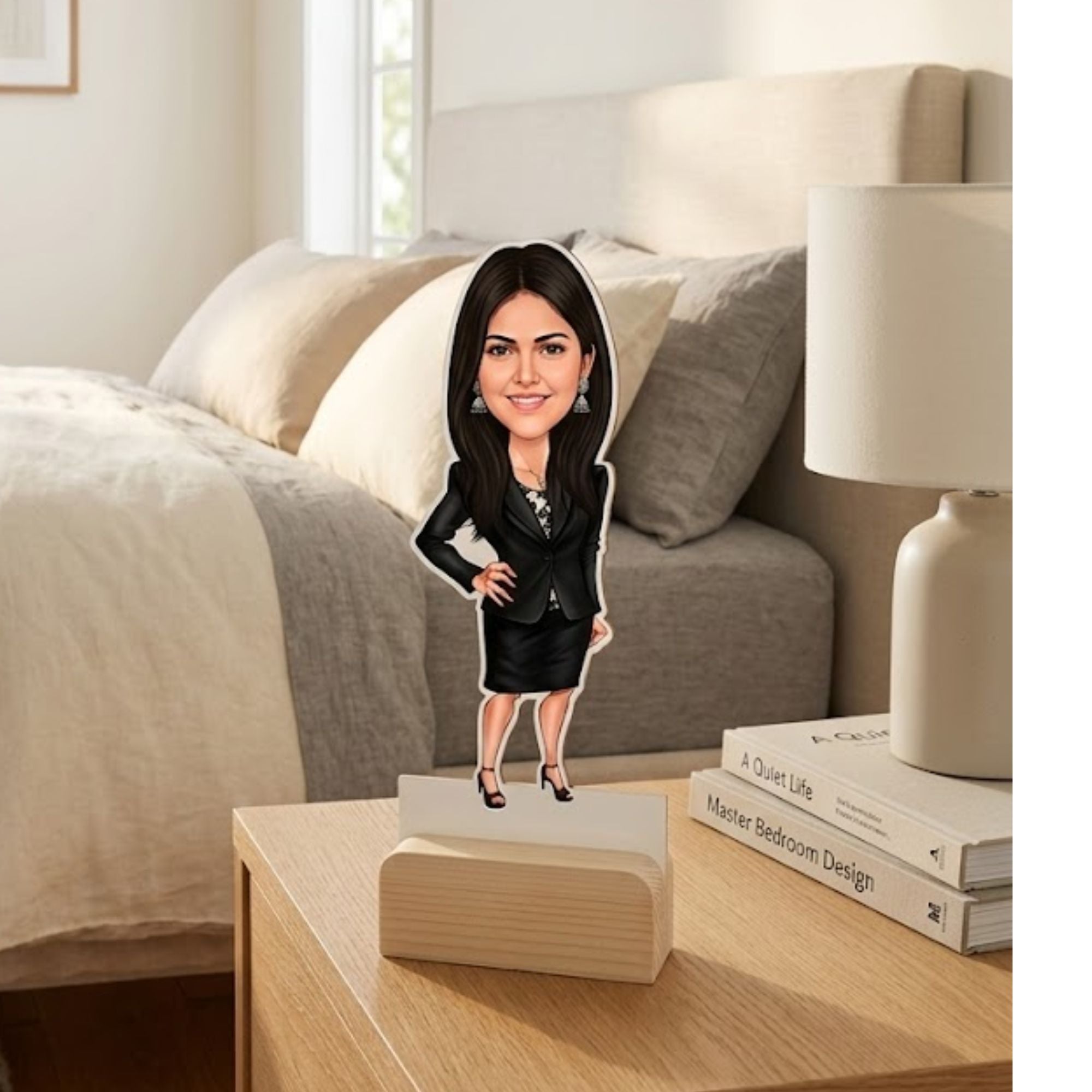 Shayona Gift Shop-Personalized Boss Caricature Photo Standee with Wooden Base | Custom Professional Woman Acrylic Desk Standee | Unique Gift for Sister, Wife, Female Boss, Lawyer & Corporate Women