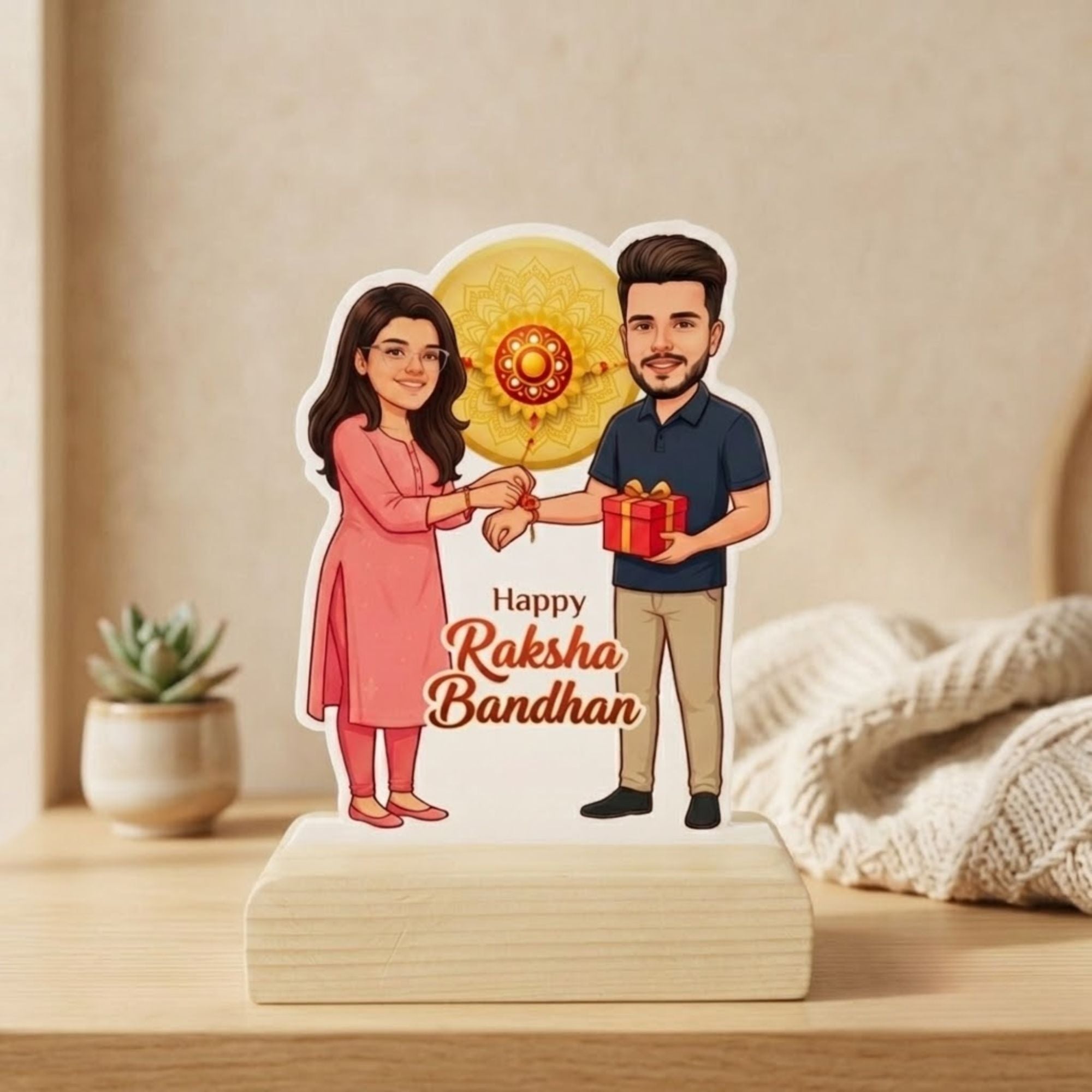 Shayona Gift Shop-Personalized Happy Raksha Bandhan Brother Sister Caricature Standee | Custom Photo Wooden Acrylic Gift Frame for Bhaiya