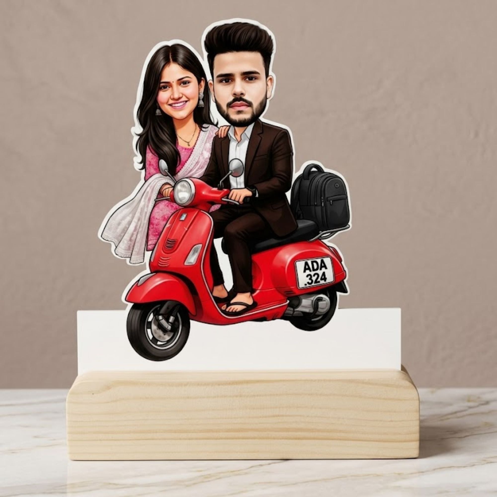 Shayona Gift Shop-Personalized Couple Scooter Caricature Photo Standee with Wooden Base | Custom Romantic Scooter Ride Acrylic Desk Stand | Unique Anniversary, Birthday & Valentine’s Day Gift for Couples, Husband & Wife