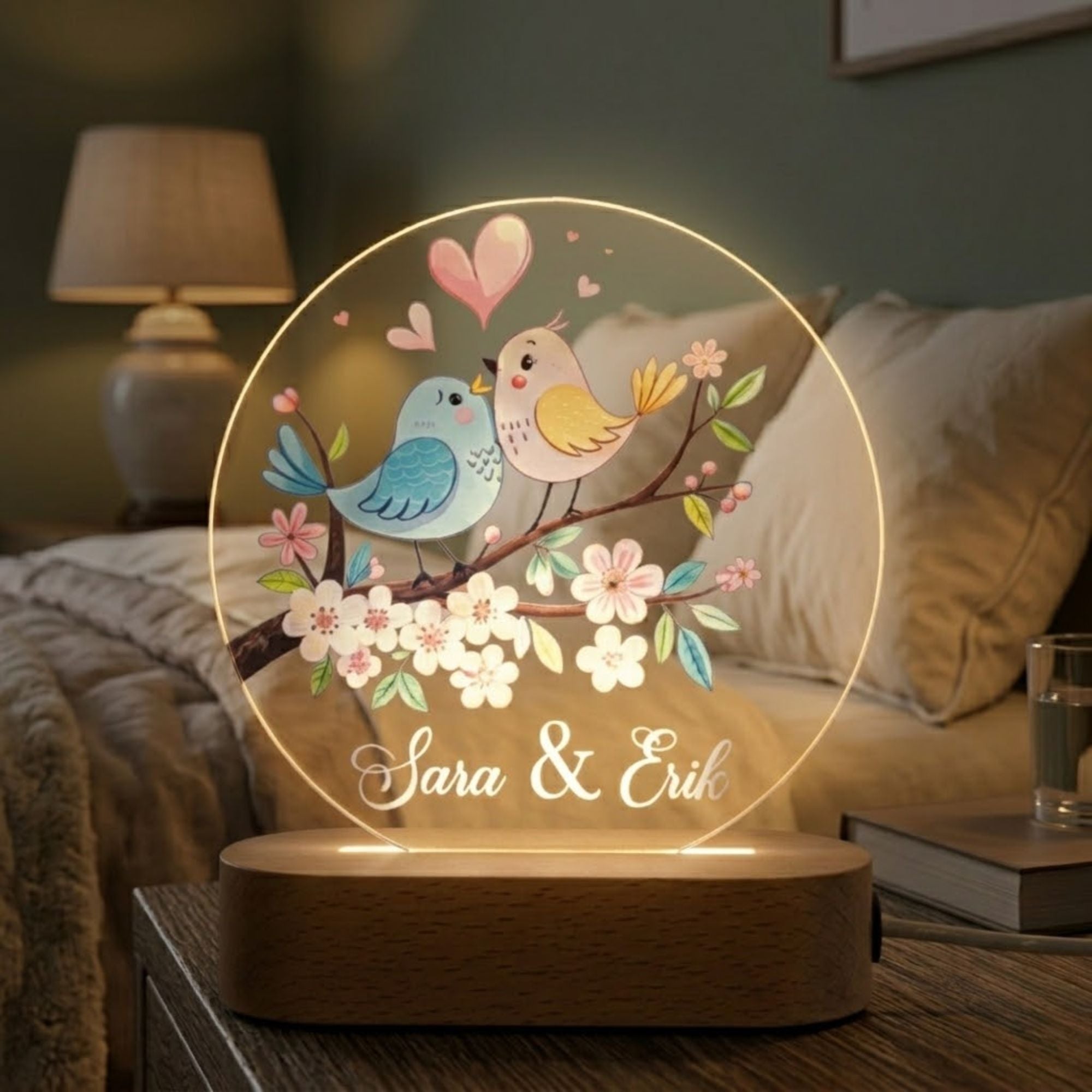 Shayona Gift Shop- Personalized LED Acrylic Night Lamp with Love Birds Design | Custom Names Gift for Couples, Anniversary, Valentine's Day