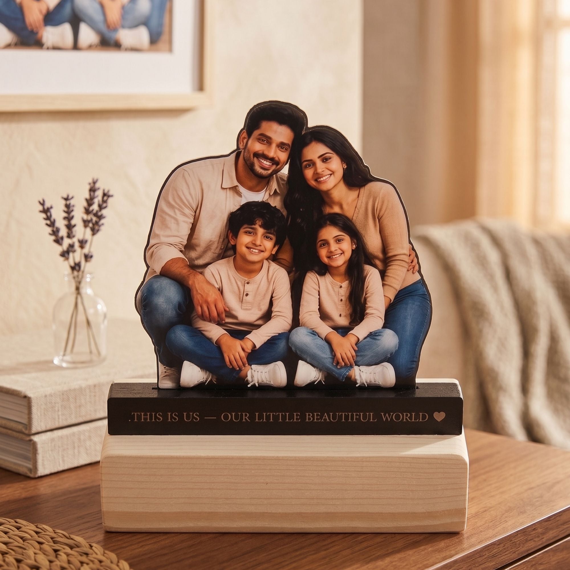 Shayona Gift Shop-Personalized Family Photo Cutout Standee with Custom Quote | Acrylic Wooden Tabletop Frame Gift for Home Decor