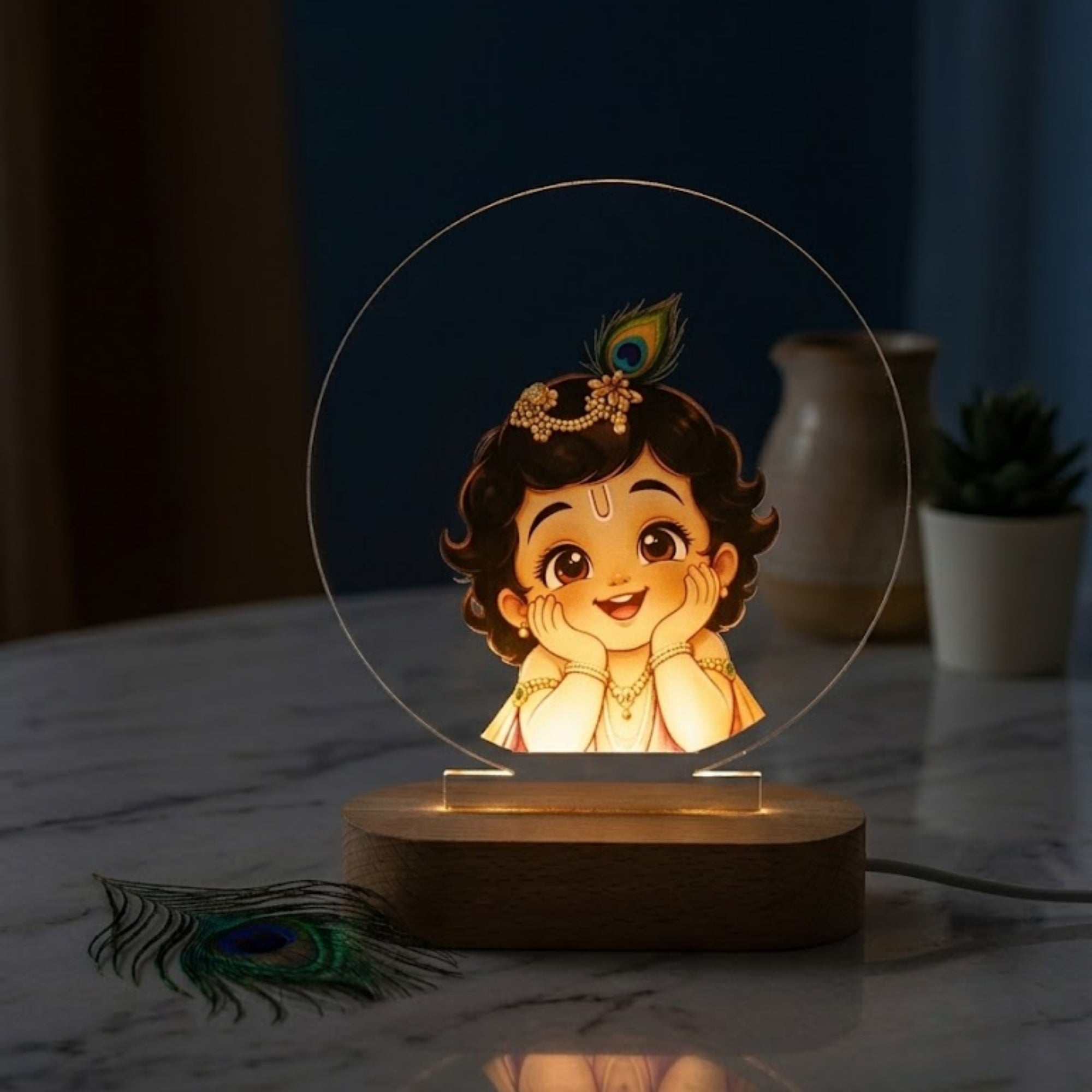 Shayona gift Shop-Personalized Bal Krishna LED Table Lamp | Cute Kanha Night Light with Wooden Base | Decorative Bedside Lamp & Spiritual Home Décor