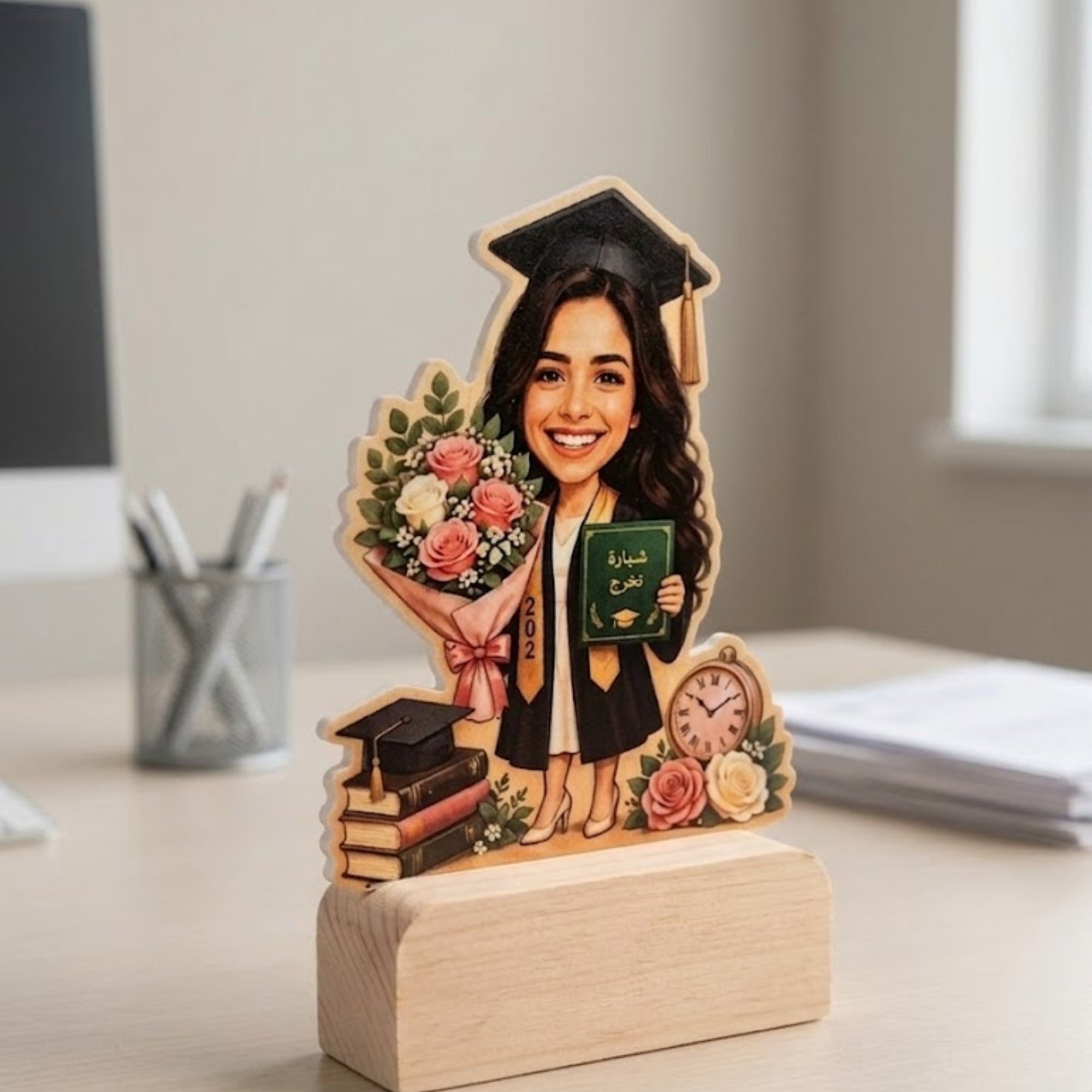 Shayona Gift Shop Personalized Female Graduation Caricature Wooden Stand | Custom Graduate Desk Plaque with Bouquet & Diploma | Unique Keepsake Gift for Her