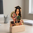 Shayona Gift Shop Personalized Female Graduation Caricature Wooden Stand | Custom Graduate Desk Plaque with Bouquet & Diploma | Unique Keepsake Gift for Her