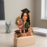 Shayona Gift Shop Personalized Female Graduation Caricature Wooden Stand | Custom Graduate Desk Plaque with Bouquet & Diploma | Unique Keepsake Gift for Her