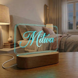 Shayona Gift Shop-Personalized Custom Name Cursive Acrylic LED Lamp – Cyan Glowing Desk Name Plate Night Light with Wooden Base