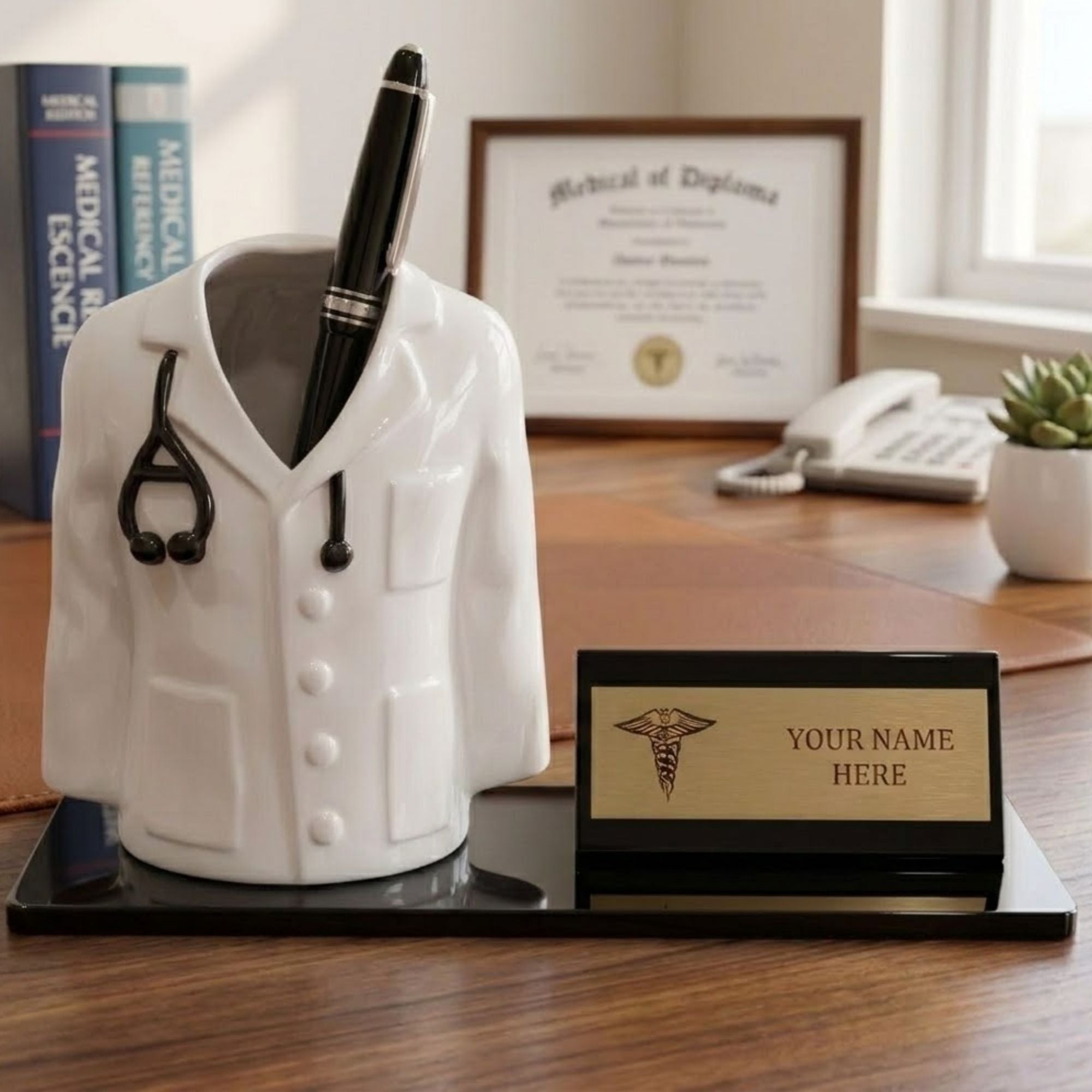 Shayona Personalized Doctor Desk Name Plate with Pen Holder | Custom Medical Office Tabletop Gift for Doctors, Physicians & Medical Professionals"