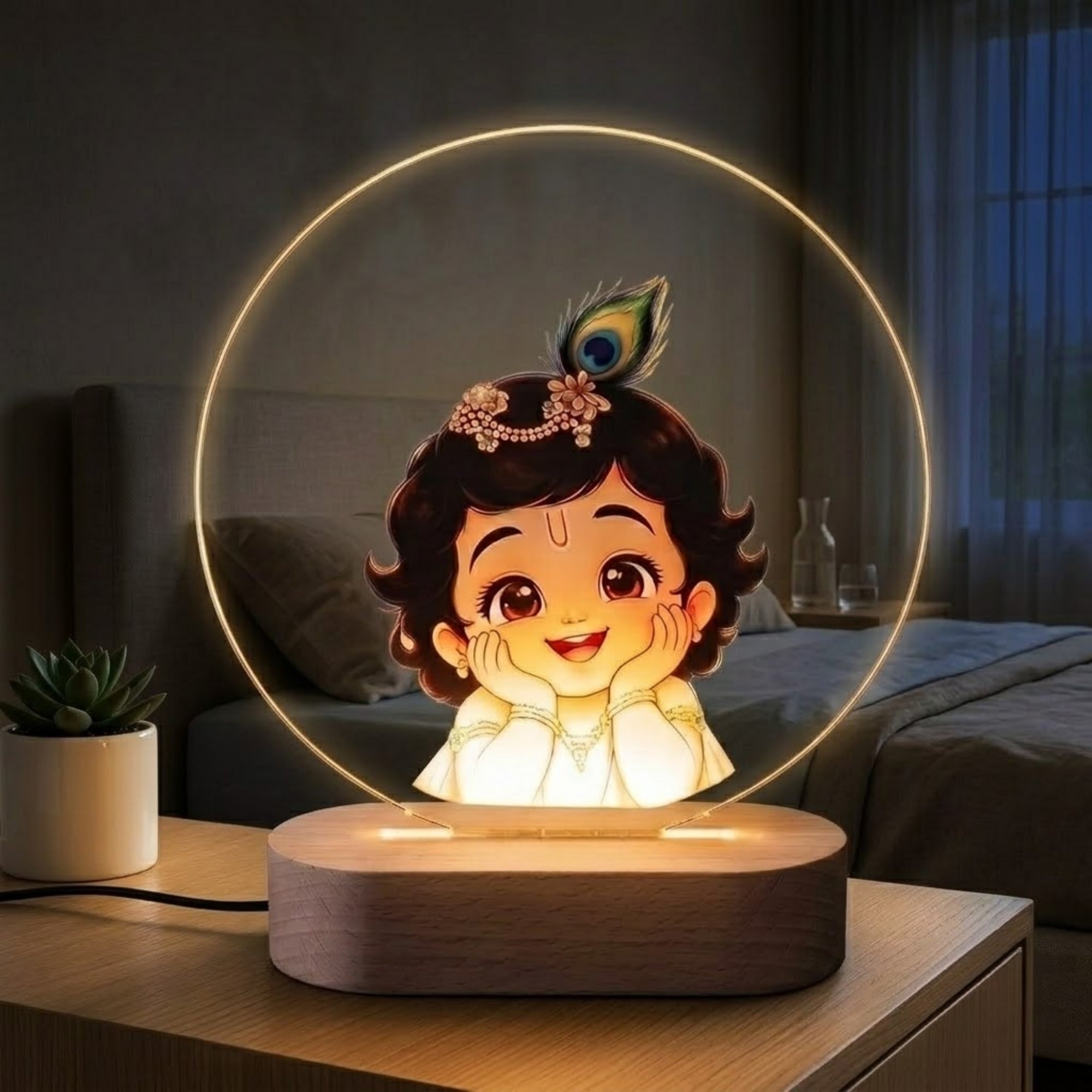 Shayona gift Shop-Personalized Bal Krishna LED Table Lamp | Cute Kanha Night Light with Wooden Base | Decorative Bedside Lamp & Spiritual Home Décor