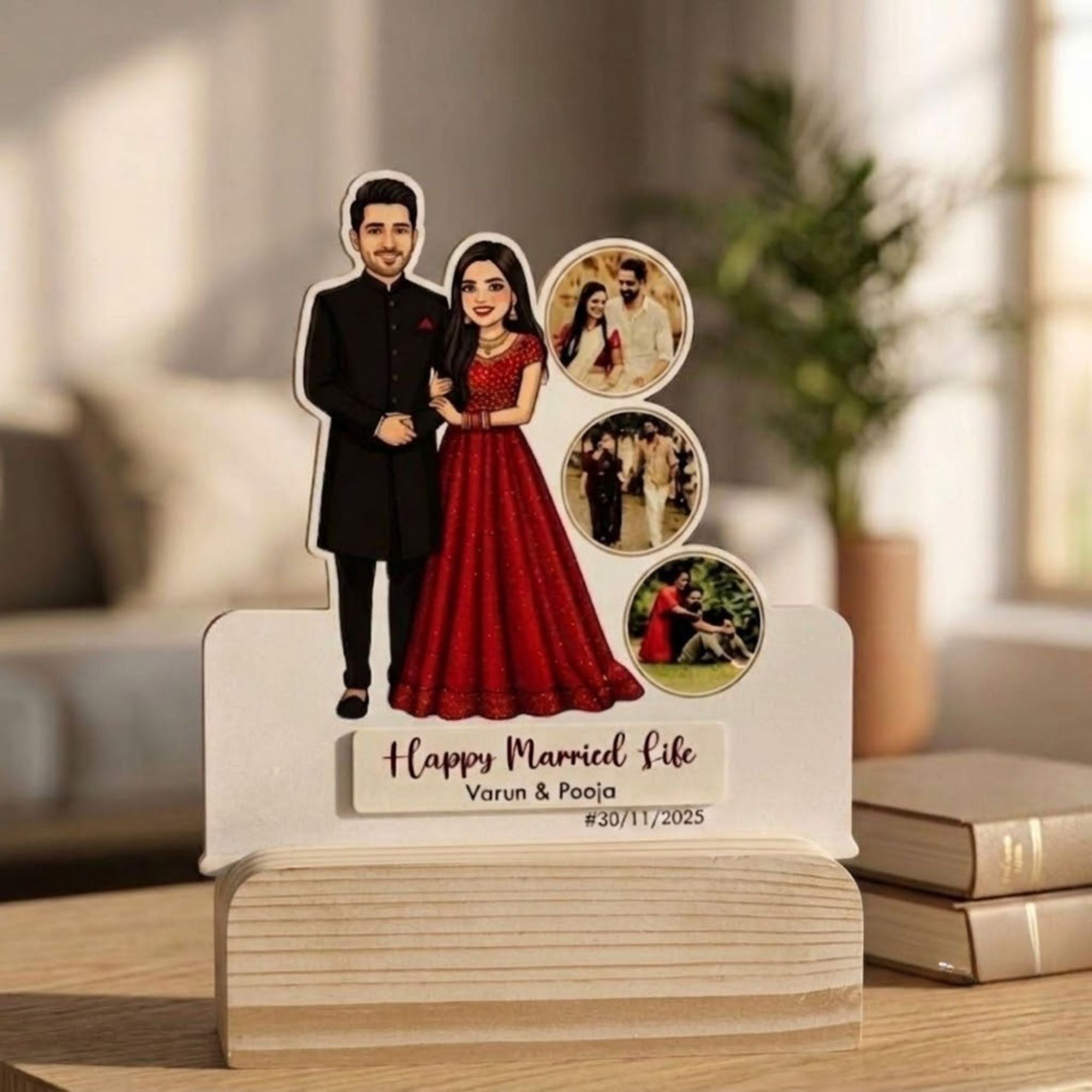 Shayona Gift Shop-Personalized Couple Caricature Standee with Photos & Date | Custom Wedding Anniversary Wooden Frame Gift for Husband & Wife