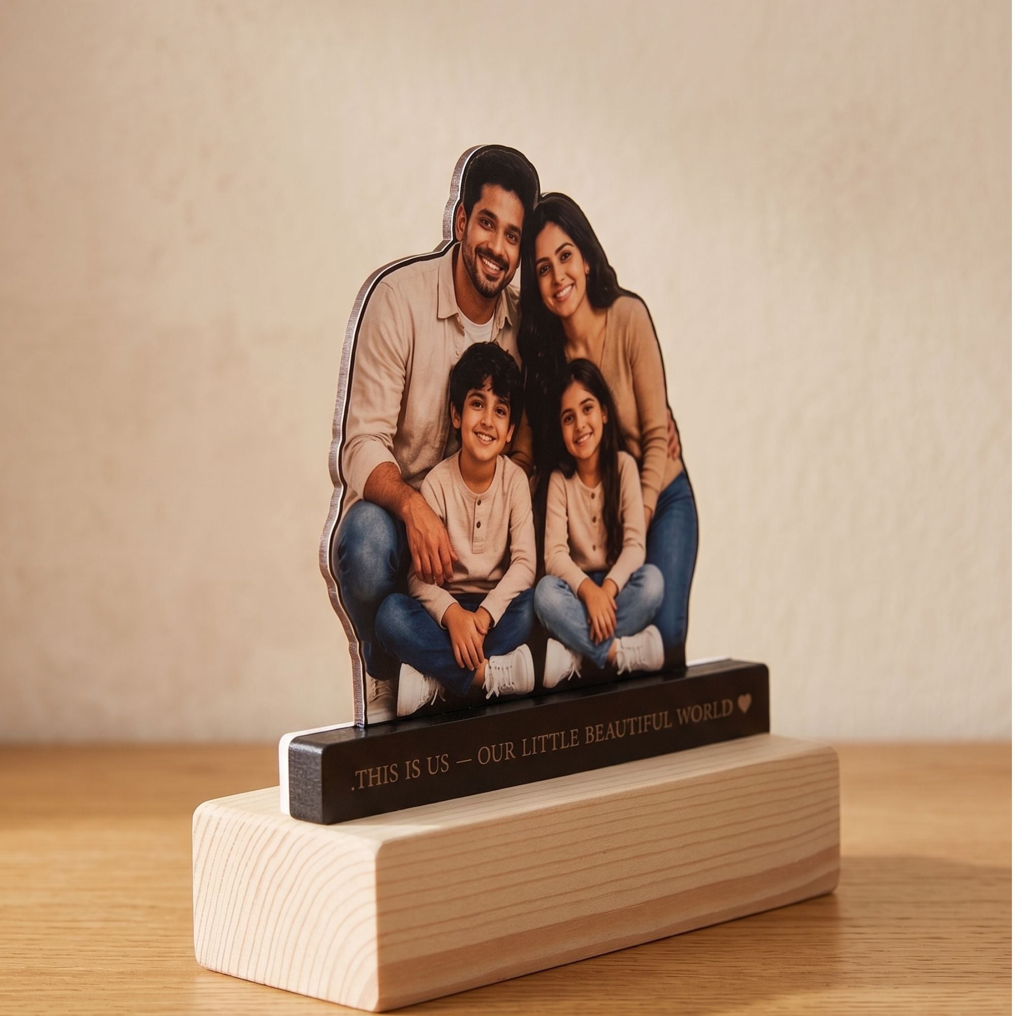 Shayona Gift Shop-Personalized Family Photo Cutout Standee with Custom Quote | Acrylic Wooden Tabletop Frame Gift for Home Decor
