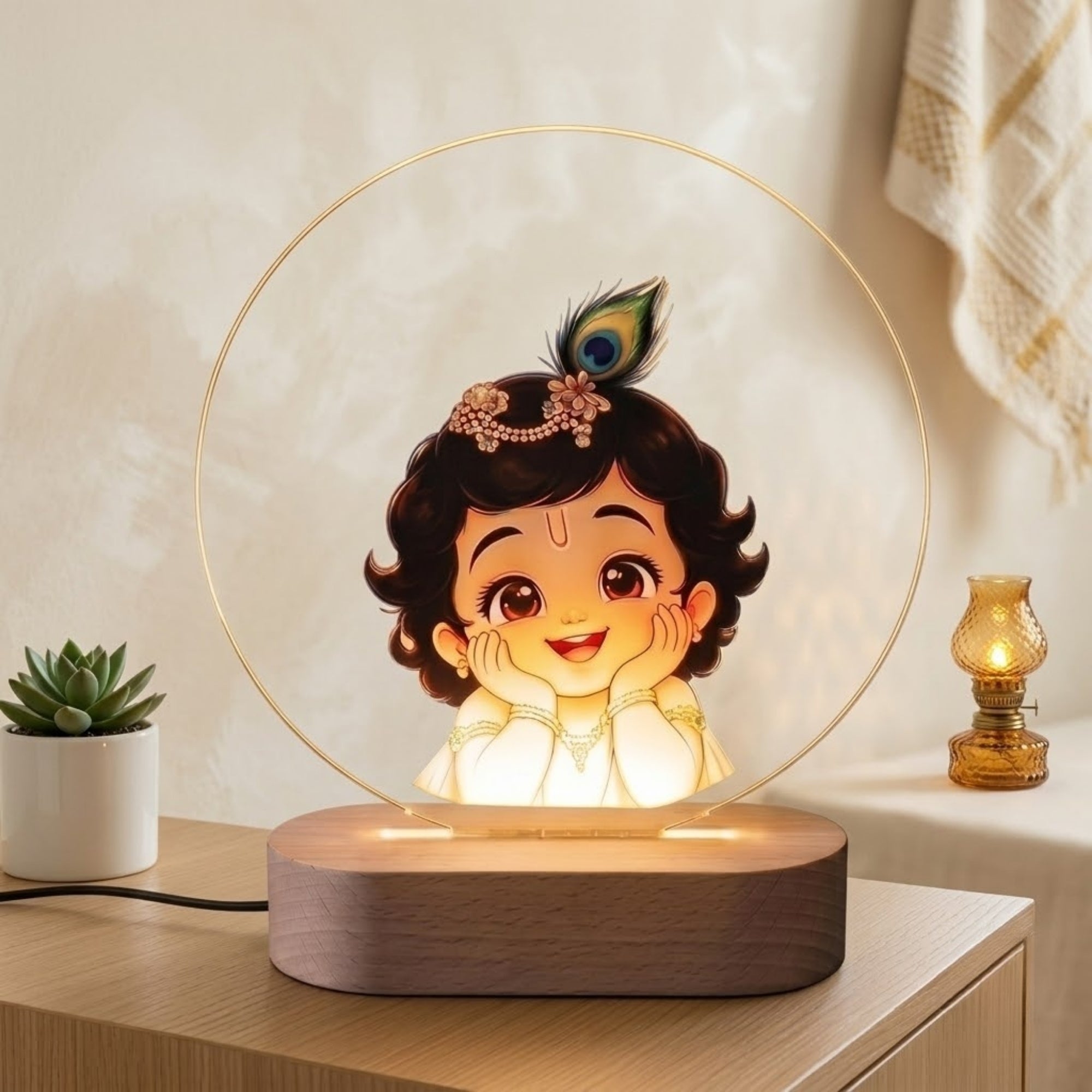 Shayona gift Shop-Personalized Bal Krishna LED Table Lamp | Cute Kanha Night Light with Wooden Base | Decorative Bedside Lamp & Spiritual Home Décor
