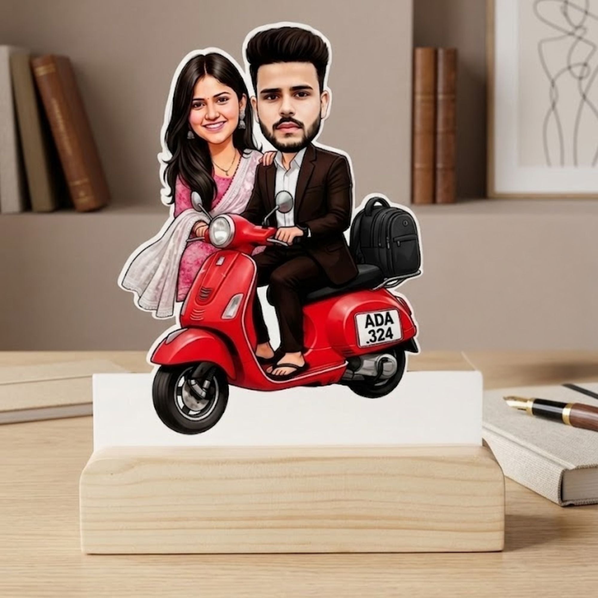 Shayona Gift Shop-Personalized Couple Scooter Caricature Photo Standee with Wooden Base | Custom Romantic Scooter Ride Acrylic Desk Stand | Unique Anniversary, Birthday & Valentine’s Day Gift for Couples, Husband & Wife