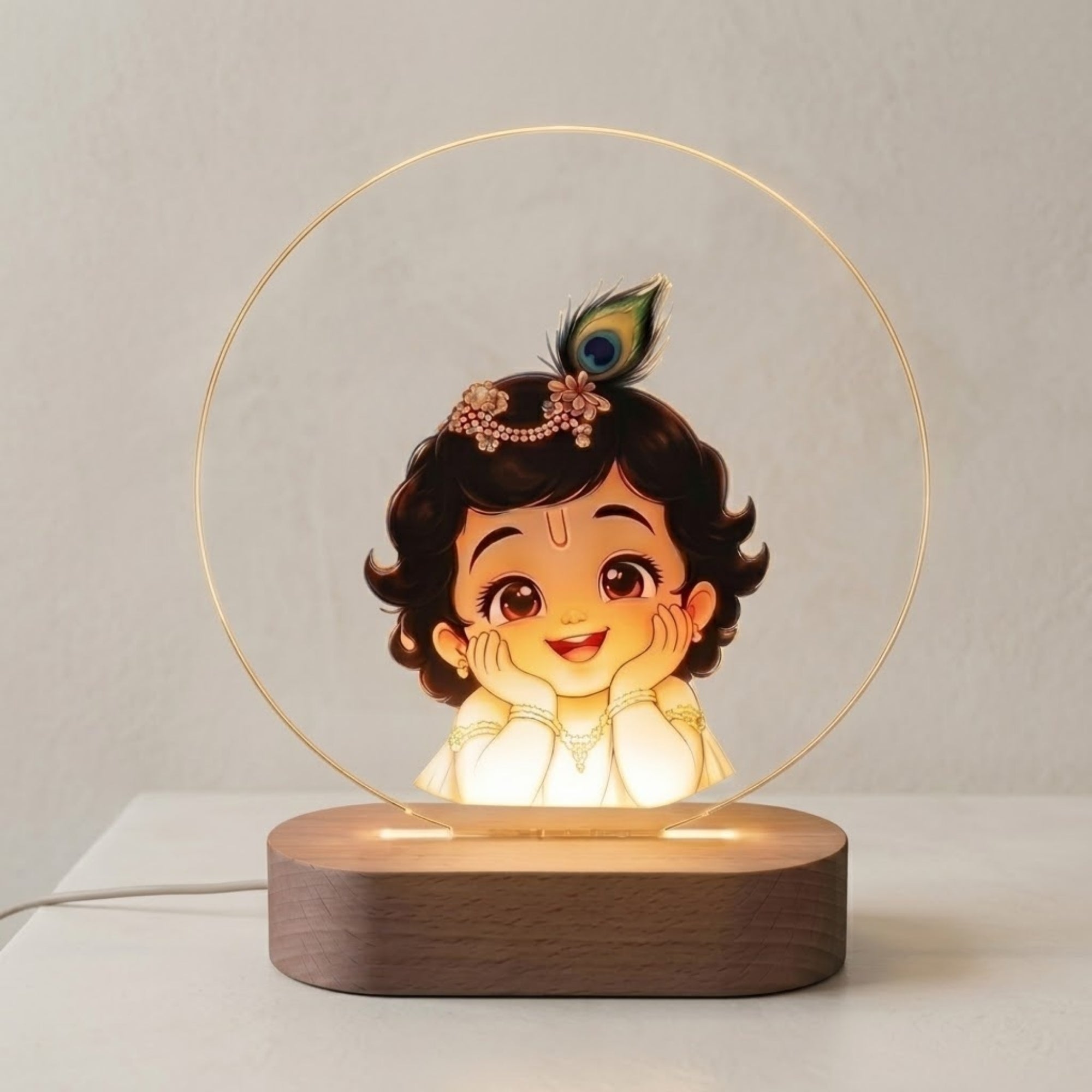 Shayona gift Shop-Personalized Bal Krishna LED Table Lamp | Cute Kanha Night Light with Wooden Base | Decorative Bedside Lamp & Spiritual Home Décor