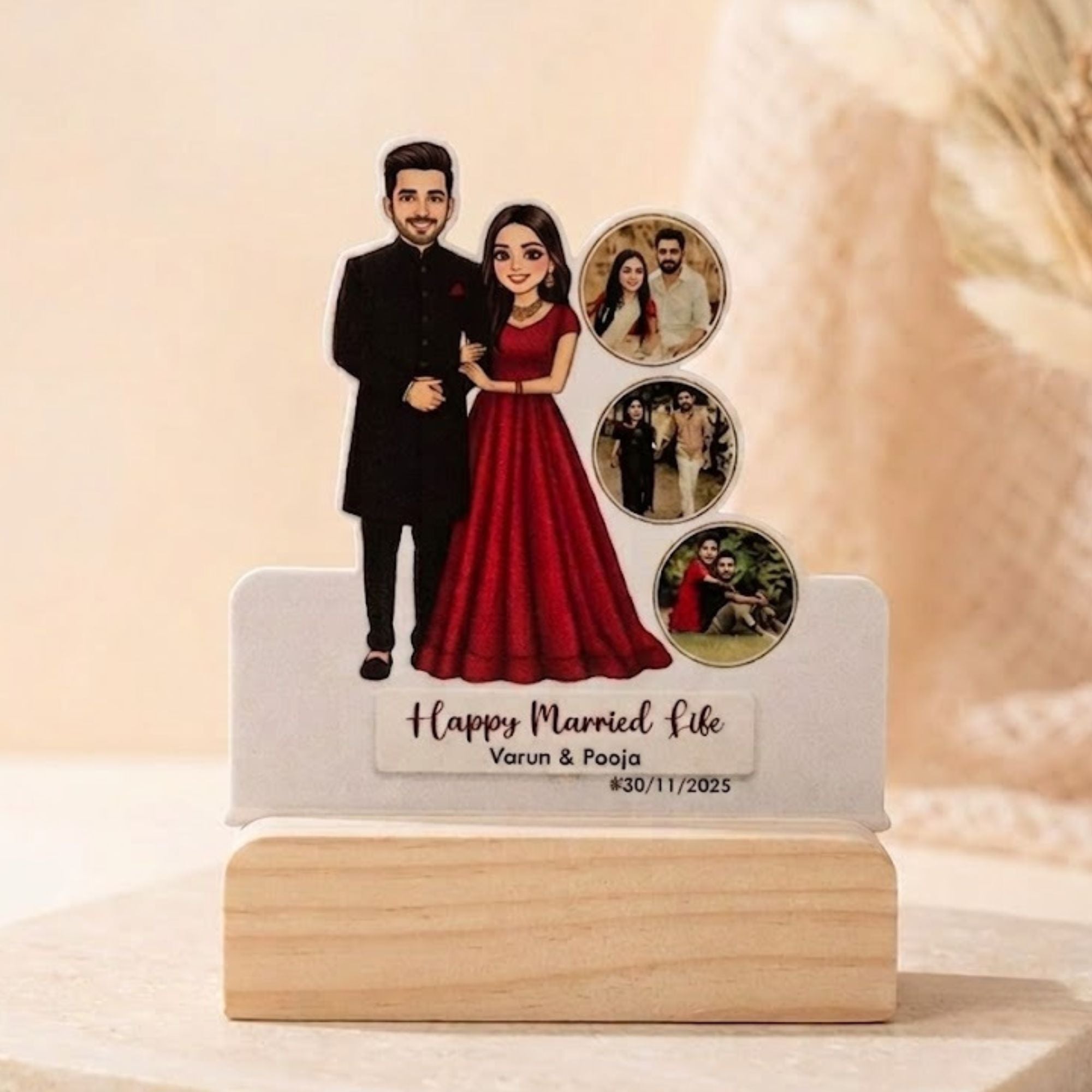 Shayona Gift Shop-Personalized Couple Caricature Standee with Photos & Date | Custom Wedding Anniversary Wooden Frame Gift for Husband & Wife