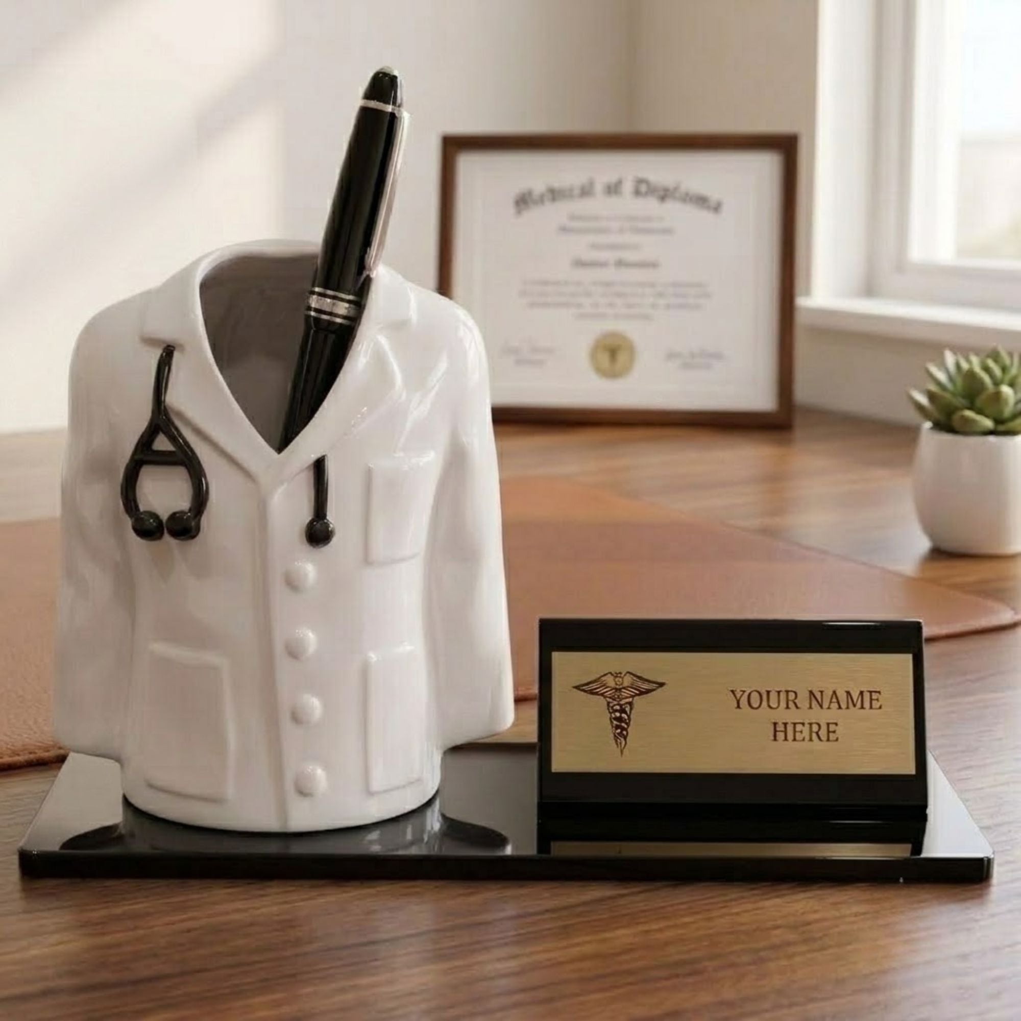 Shayona Personalized Doctor Desk Name Plate with Pen Holder | Custom Medical Office Tabletop Gift for Doctors, Physicians & Medical Professionals"