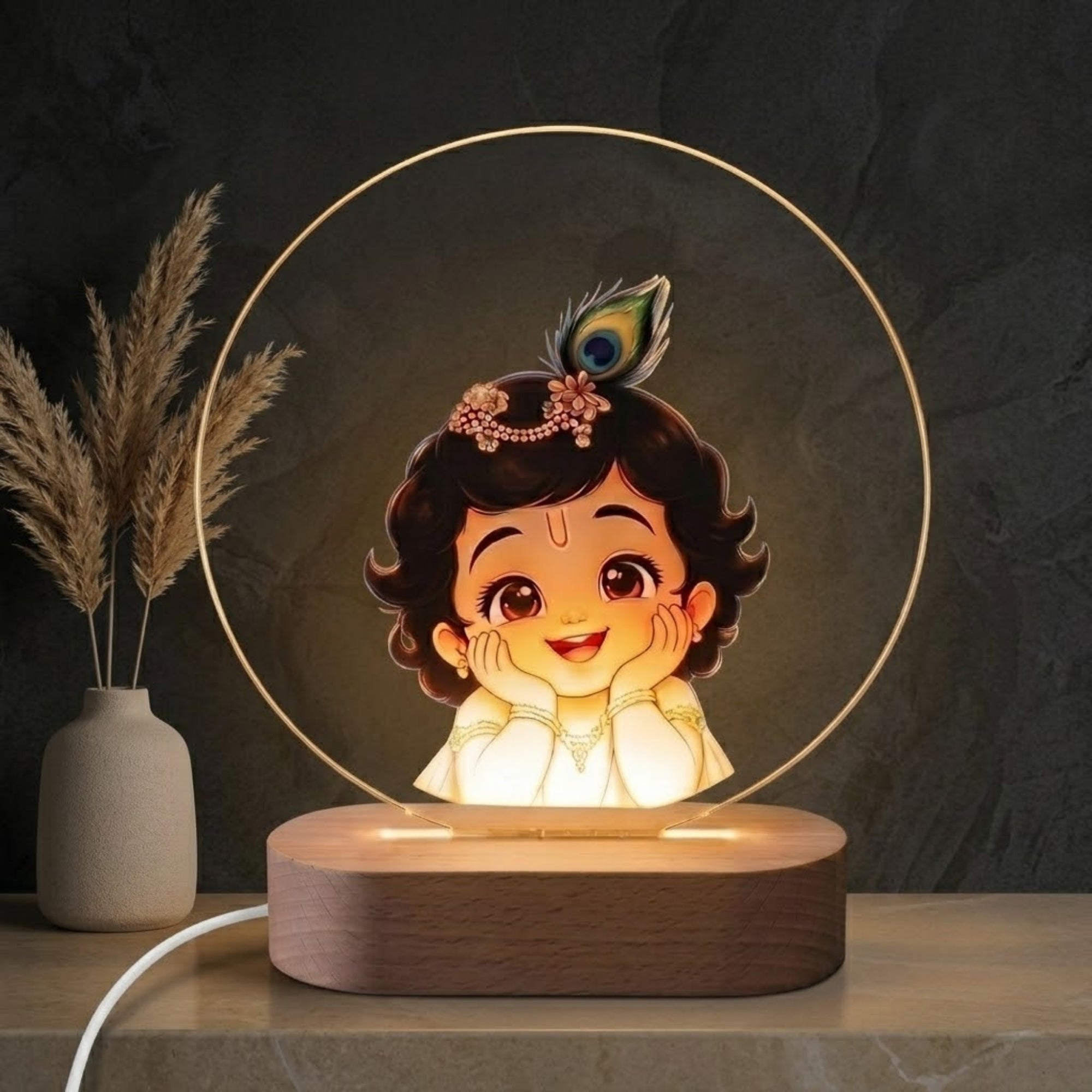 Shayona gift Shop-Personalized Bal Krishna LED Table Lamp | Cute Kanha Night Light with Wooden Base | Decorative Bedside Lamp & Spiritual Home Décor
