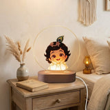 Shayona gift Shop-Personalized Bal Krishna LED Table Lamp | Cute Kanha Night Light with Wooden Base | Decorative Bedside Lamp & Spiritual Home Décor