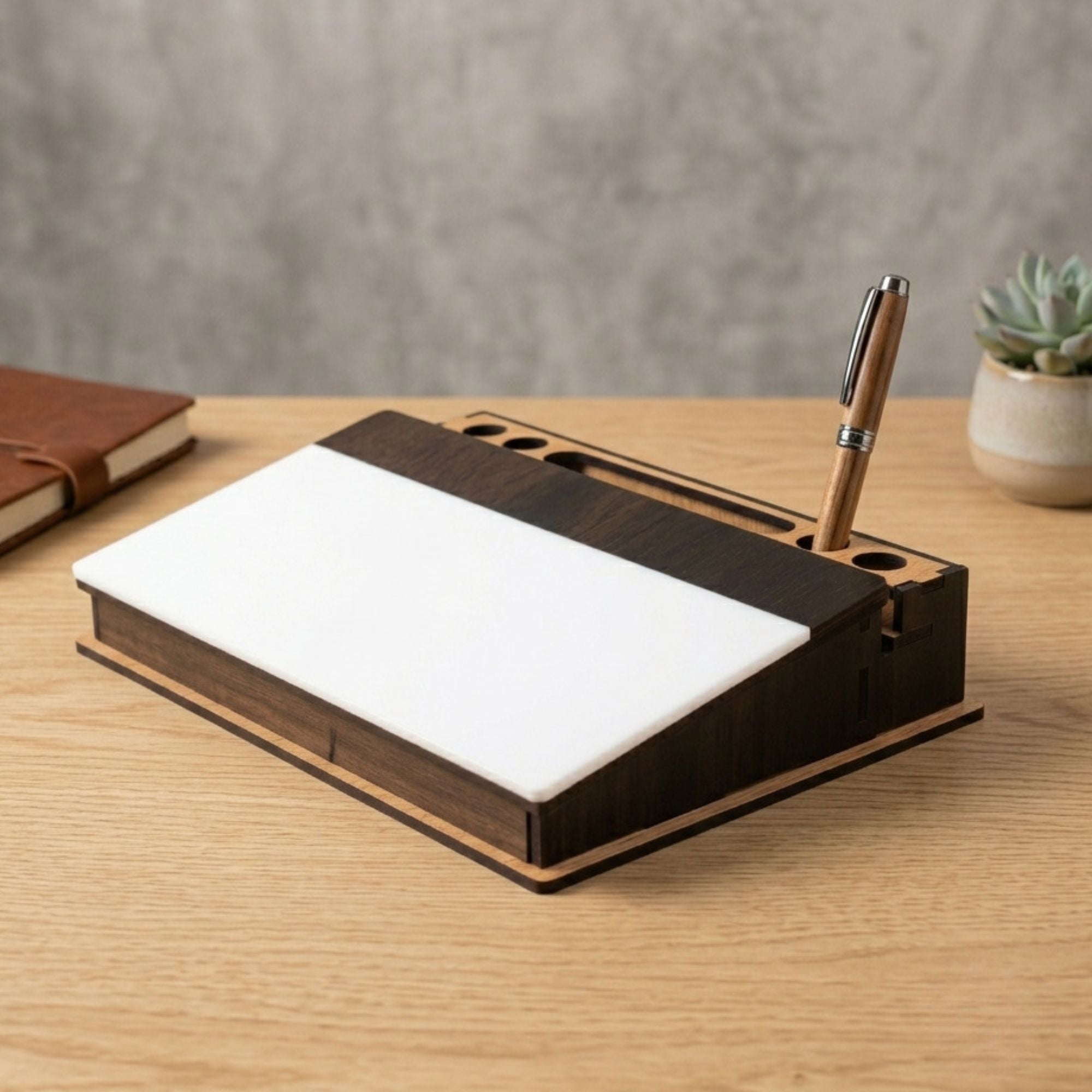 Premium Wooden Desktop Memo Board & Organizer with Angled Dry Erase Surface, Pen Slots, and Mobile Stand