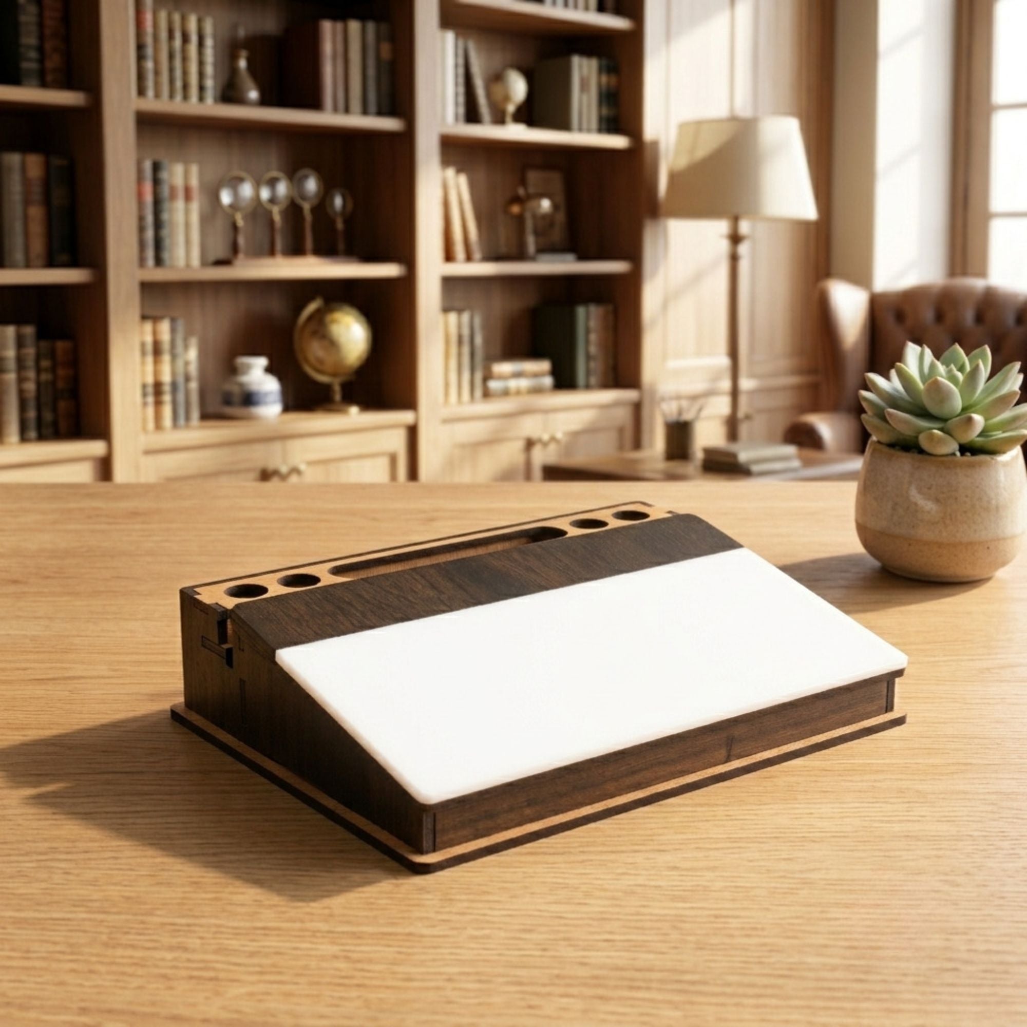 Premium Wooden Desktop Memo Board & Organizer with Angled Dry Erase Surface, Pen Slots, and Mobile Stand
