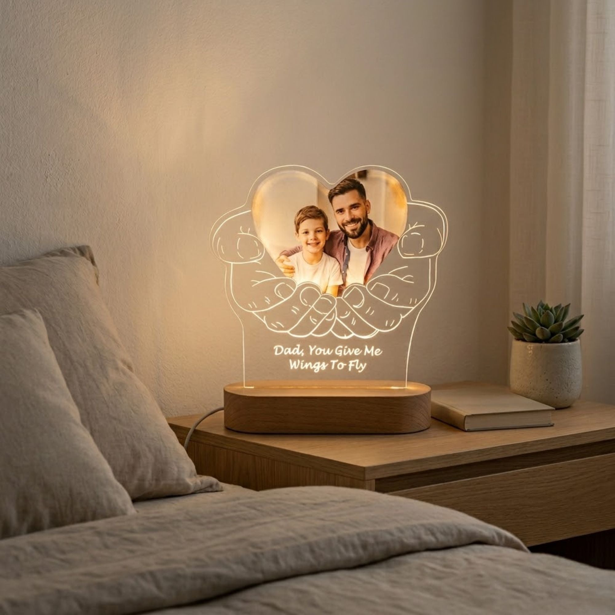 Shayona Gift Shop-Personalized Custom Photo Night Light for Dad – 3D Hands Holding Heart LED Acrylic Lamp with Wooden Base, Engraved Picture & Custom Message, Meaningful Father's Day