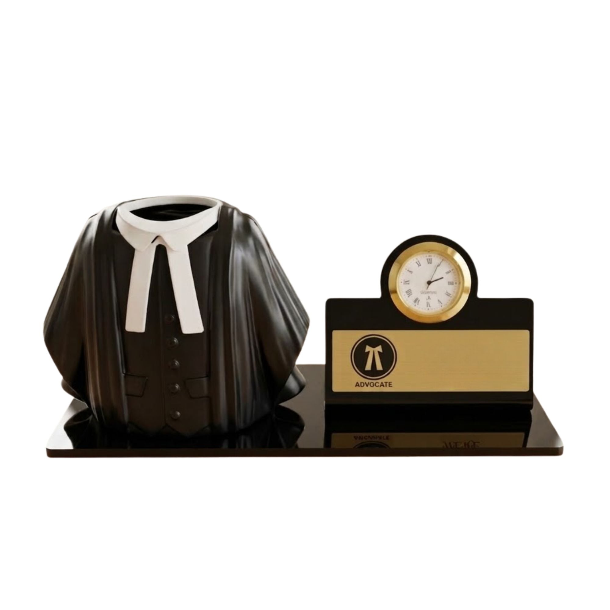 Shayona Gift Shop-Personalized Advocate Desk Name Plate with Clock & Gown Pen Holder Black Color| Custom Lawyer Office Table Nameplate | Unique Gift for Advocates & Legal Professionals