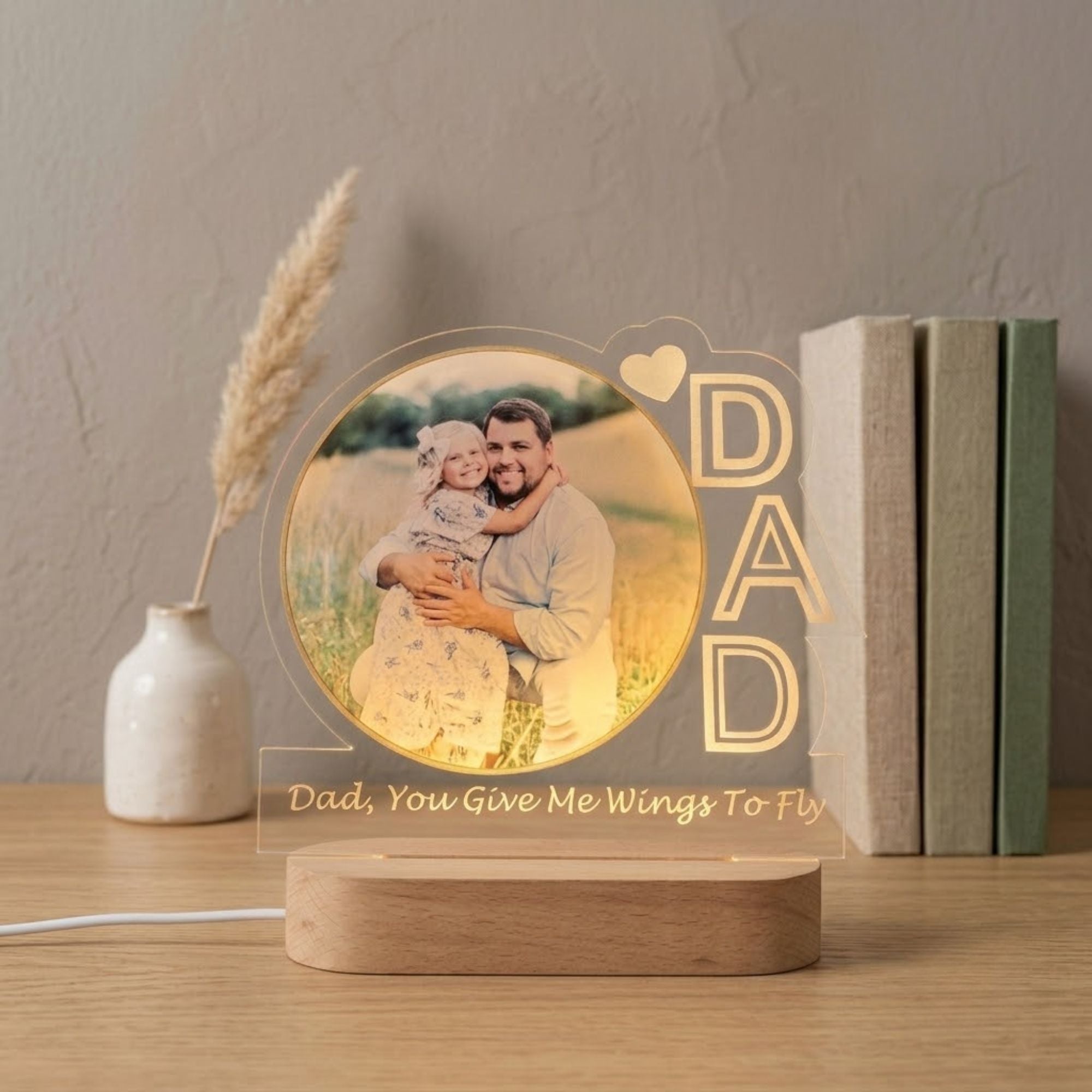 Shayona Gift Shop-Personalized Dad Photo Night Light | Custom Acrylic Plaque for Father's Day | "Dad, You Give Me Wings To Fly" LED Lamp