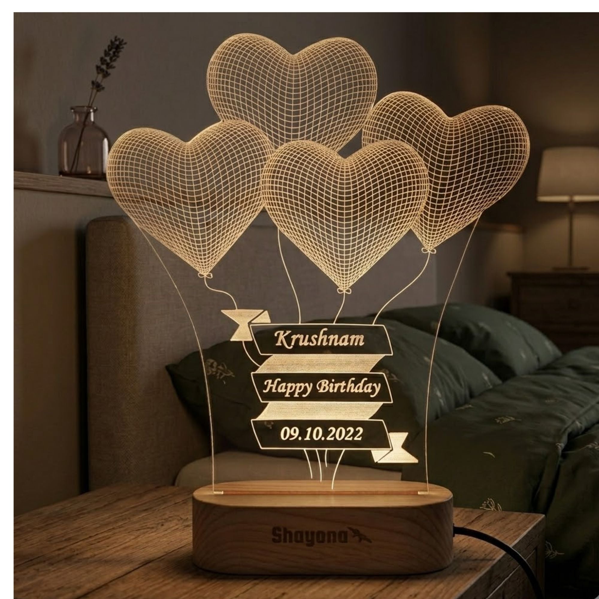 Personalized 3D illusion 4 Heart Shape Led Lamp for anniversary