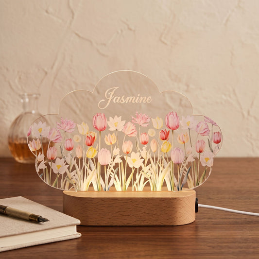 Shayona Gift Shop-Shayona Personalized Cloud-Shaped LED Night Lamp | Custom Name Floral Acrylic Light with Wooden Base | Decorative Gift for Kids, Girls, Birthday, Nursery