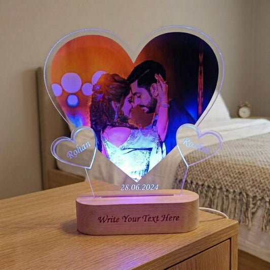 Shayona Gift Shop-Personalized Glowing Heart Photo Acrylic LED Lamp – Custom Couple Names & Wooden Base Engraved Night Light Keepsake
