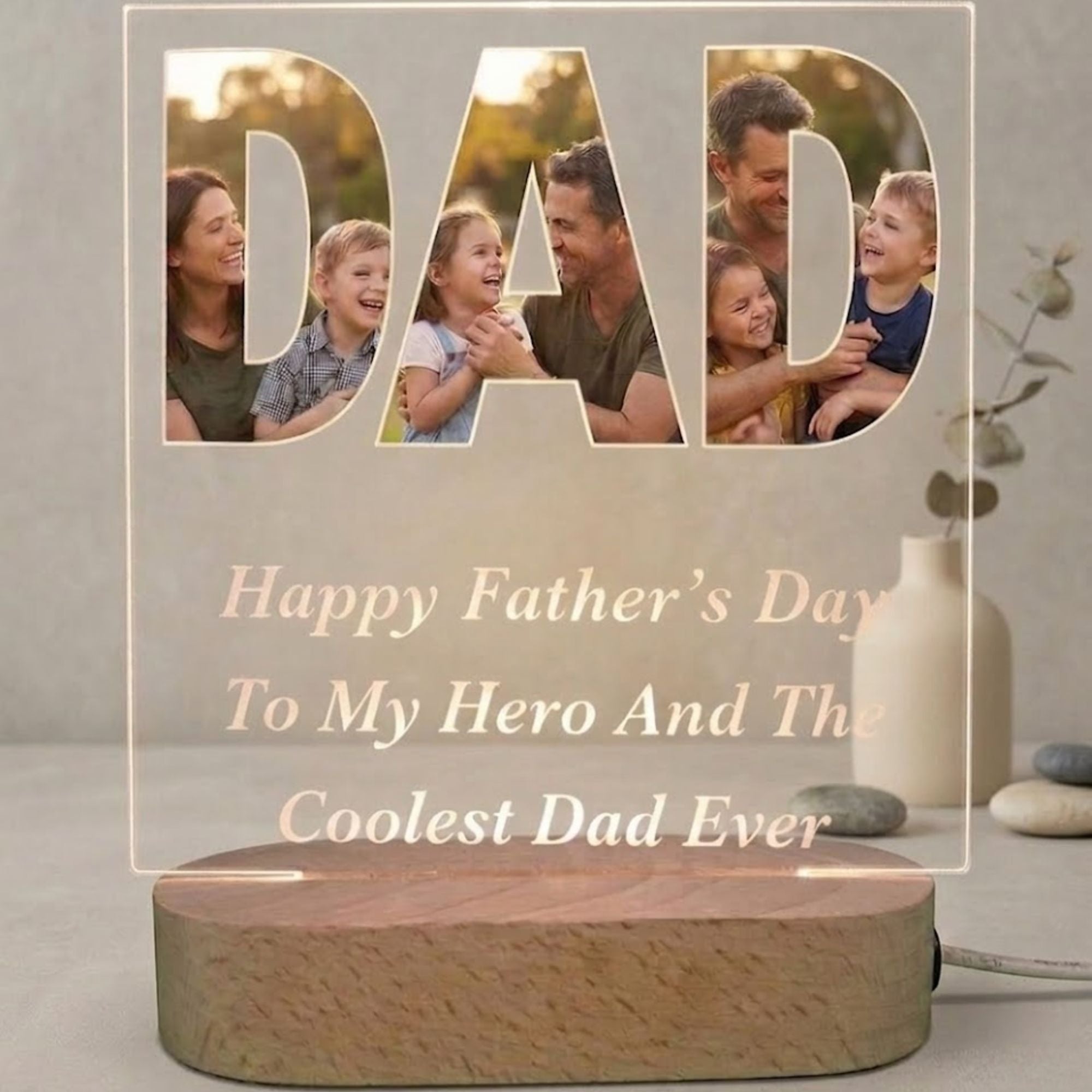 Shayona Gift Shop-Personalized Father's Day Photo Acrylic LED Lamp | Custom Dad Picture Night Light with Wooden Base | Happy Father's Day Gift for Dad, Papa, Daddy | Personalized Family Photo Desk Lamp