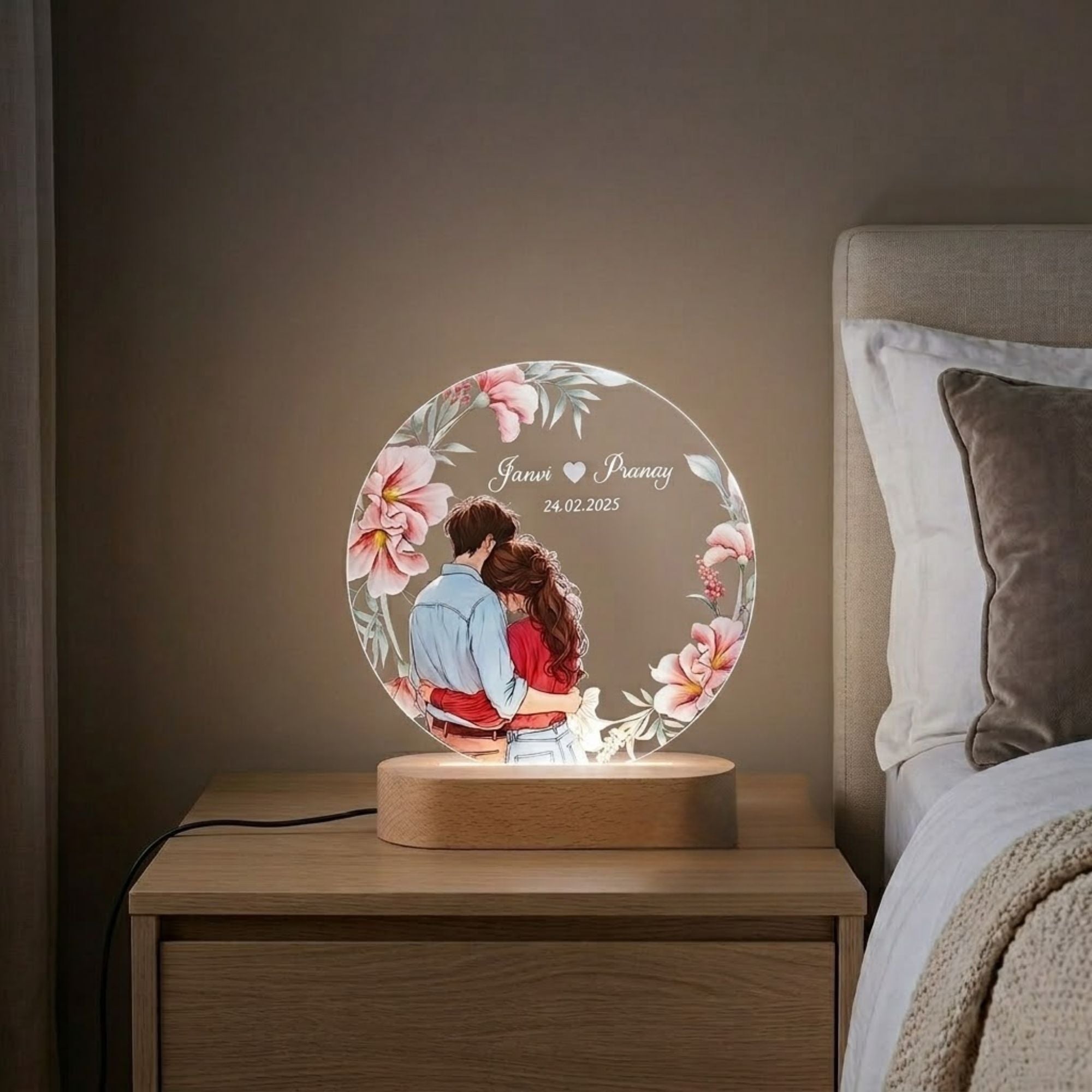 Shayona Gift Shop-Personalized LED Round Acrylic Lamp for Couple | Custom Name & Date | Romantic Gift with Wooden Base