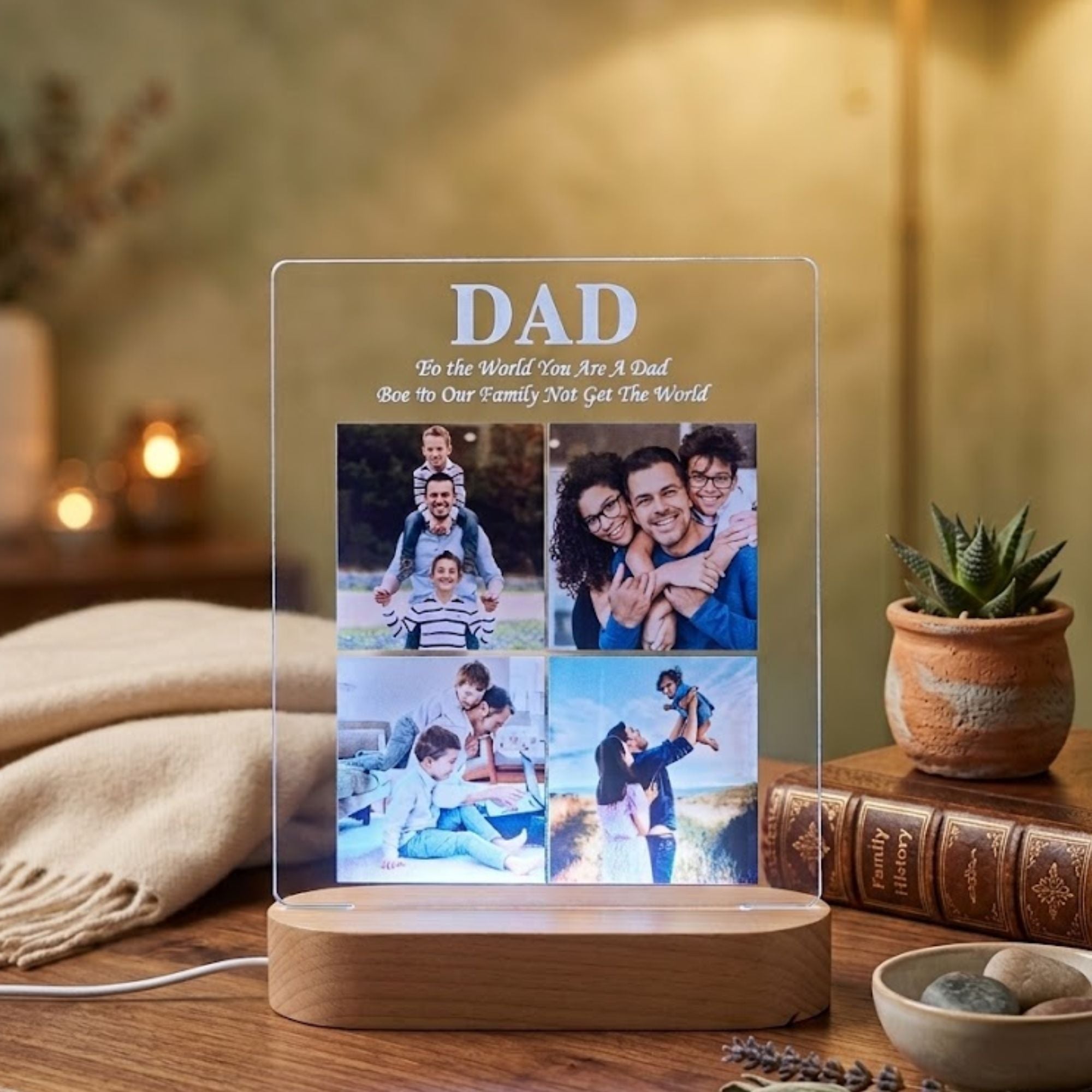Shayona Gift Shop-Personalized Dad 4-Photo Collage Acrylic LED Night Light | Custom Father's Day Photo Frame Lamp with Wooden Base | Special Birthday & Keepsake Gift for Dad