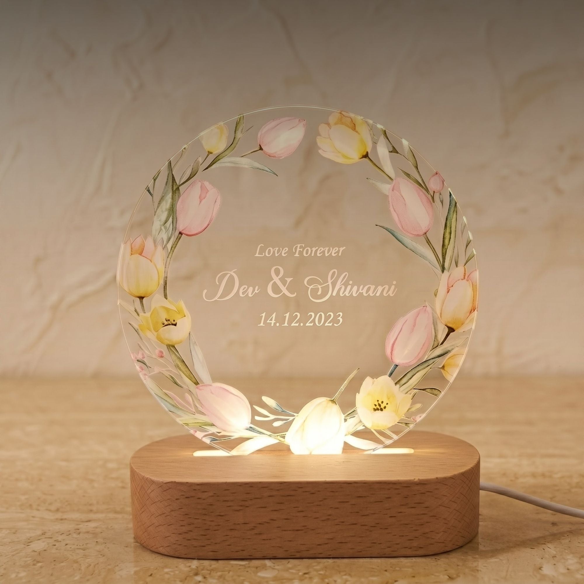 Shayona Gift Shop-Personalized LED Acrylic Night Lamp with Wooden Base | Custom Name & Date | Romantic Gift for Couples, Anniversary, or Wedding – Floral Design