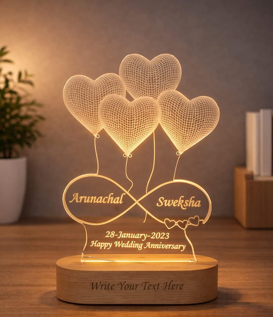 Shayona Gift Shop-Personalized 3D Heart Balloons & Infinity Symbol Acrylic LED Lamp – Custom Couple Names, Date & Wooden Base Engraved Night Light