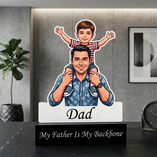Shyona Gift Shop-Custom Father’s Day Cartoon Portrait Acrylic Plaque – Personalized Dad and Son Keepsake Trophy with Engraved Base, "My Father Is My Backbone" Unique Gift for Dad, Birthday & Anniversary Desk Decor