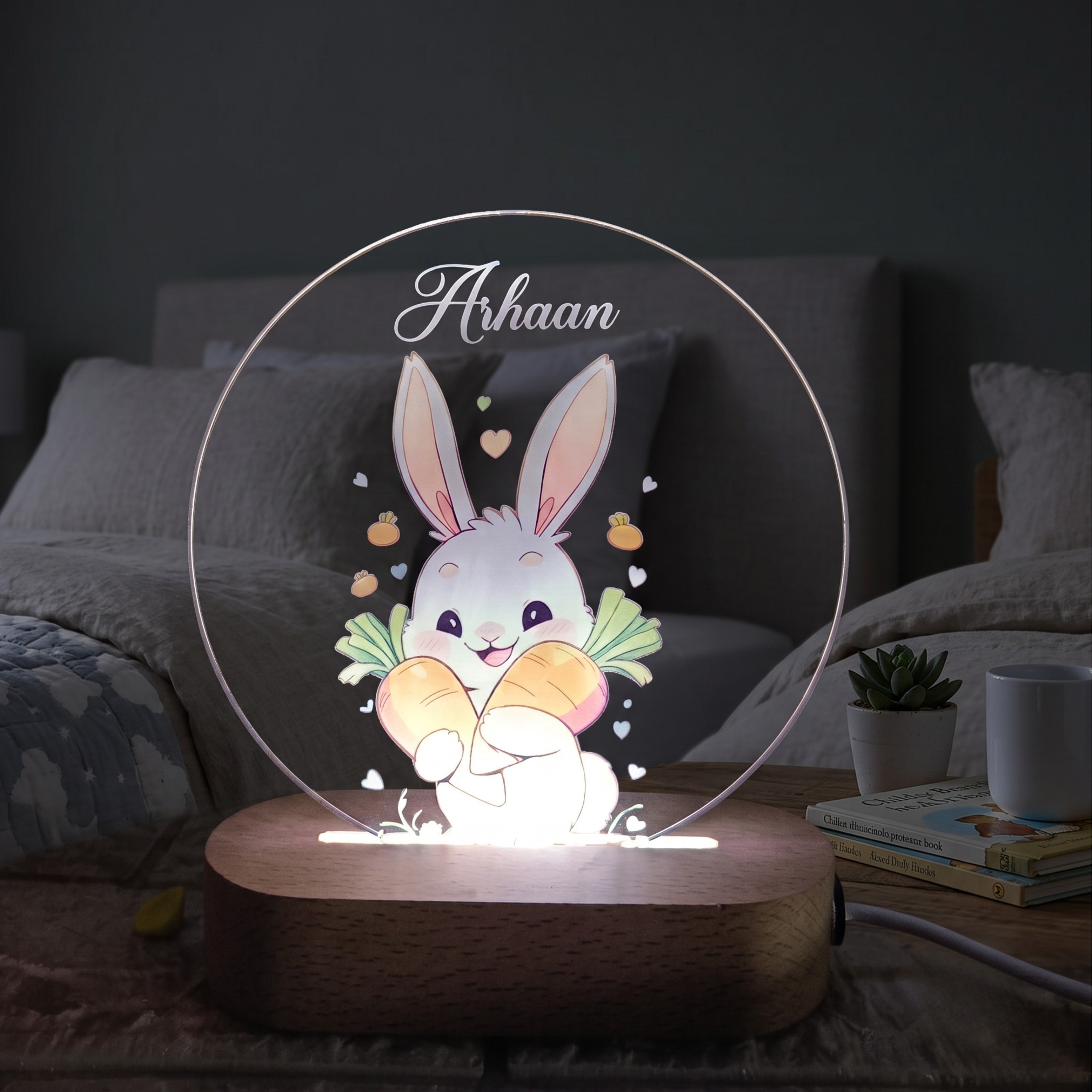Shayona Gift Shop-Personalized Bunny Night Light for Kids – Custom Name Cute Easter Bunny Acrylic LED Nursery Lamp with Wooden Base, Kids Bedroom Nightstand Decor & Baby Gift