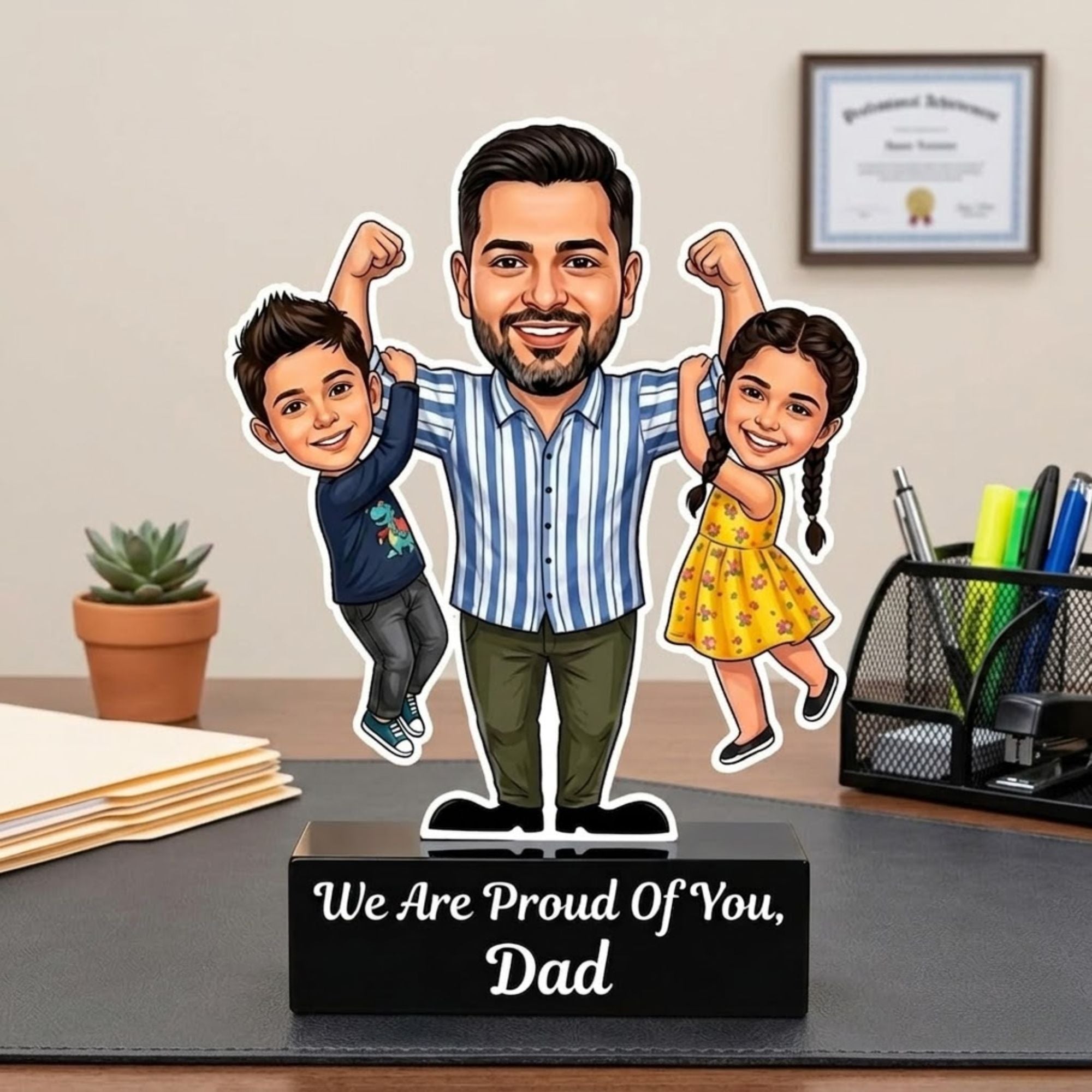 Shayona Gift Ship-Personalized Superhero Dad Caricature Stand | Custom Father’s Day Gift from Daughter and Son | 3D Custom Portrait Acrylic Trophy Table Decor for Office and Home