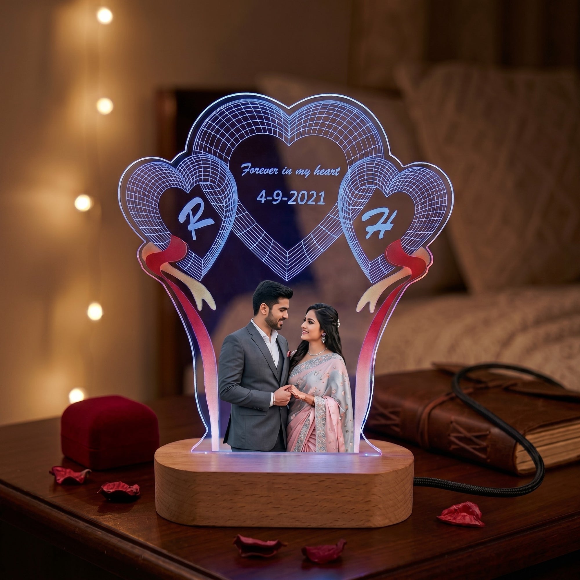 Shayona Gift Shop-Personalized Triple Heart Photo & Initial Acrylic LED Lamp – Custom Couple Photo, Initials, Date & Romantic Quote Night Light
