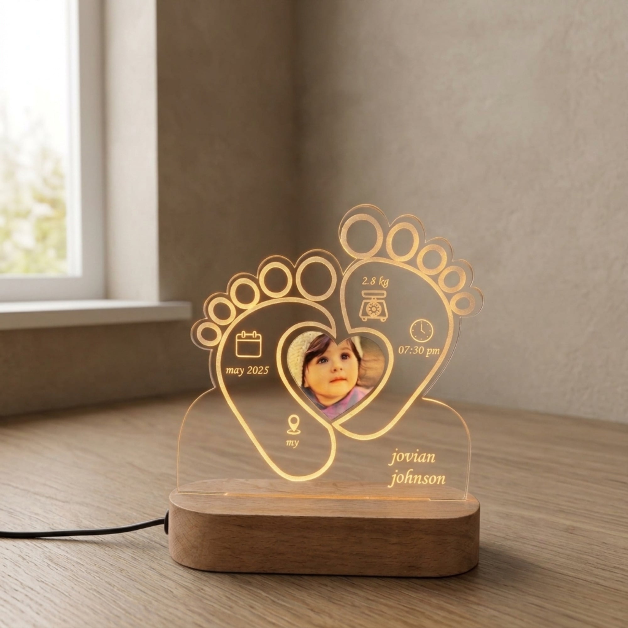 Shayona Gift Shop-Personalized Baby Birth Stats Night Light | Custom Newborn Footprint Acrylic Lamp with Photo | Nursery Decor Gift
