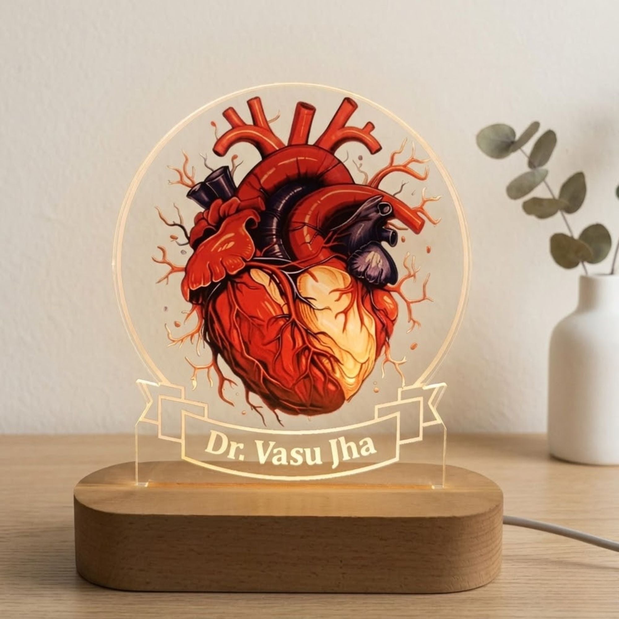 Shayona Gift Shop-Shayona Personalized Anatomical Heart LED Night Lamp | Custom Name Acrylic Lamp with Wooden Base | Gift for Doctors, Cardiologists, Medical Students
