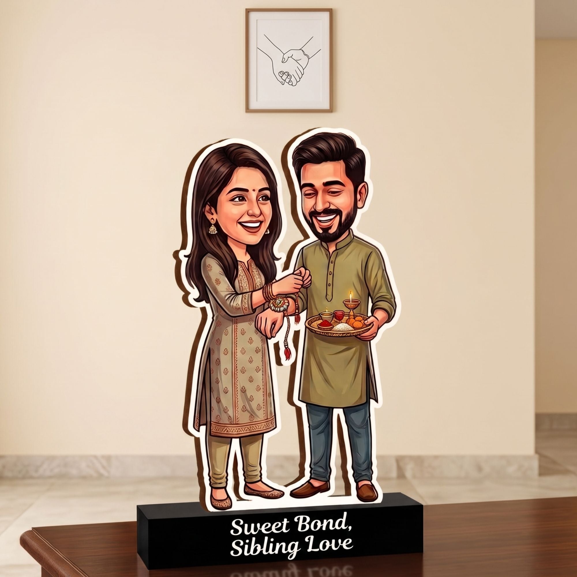 Shayona Gift Shop Personalized Raksha Bandhan Caricature Stand | Brother & Sister Rakhi Gift Tabletop Decor | "Sweet Bond, Sibling Love" Wooden Plaque
