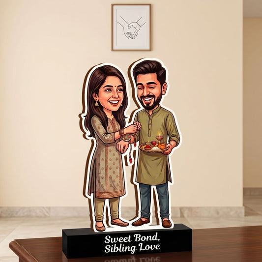 Shayona Gift Shop Personalized Raksha Bandhan Caricature Stand | Brother & Sister Rakhi Gift Tabletop Decor | "Sweet Bond, Sibling Love" Wooden Plaque