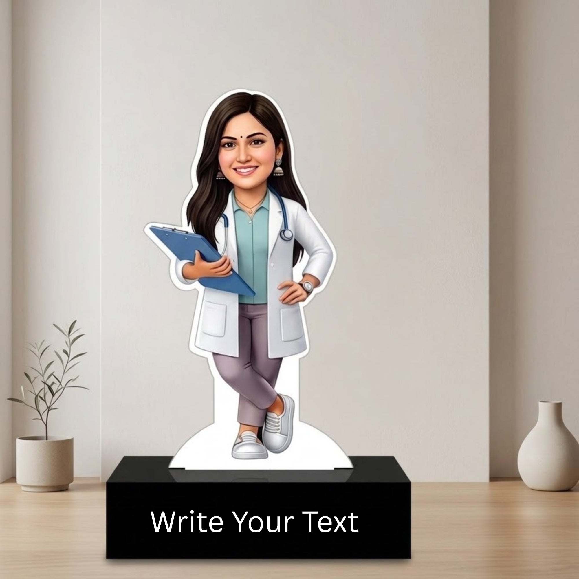 Shayona Gift Shop-Personalized Female Doctor Caricature Standee with Name Plate | Custom Photo Gift for Lady Doctor, Medical Student & Graduation